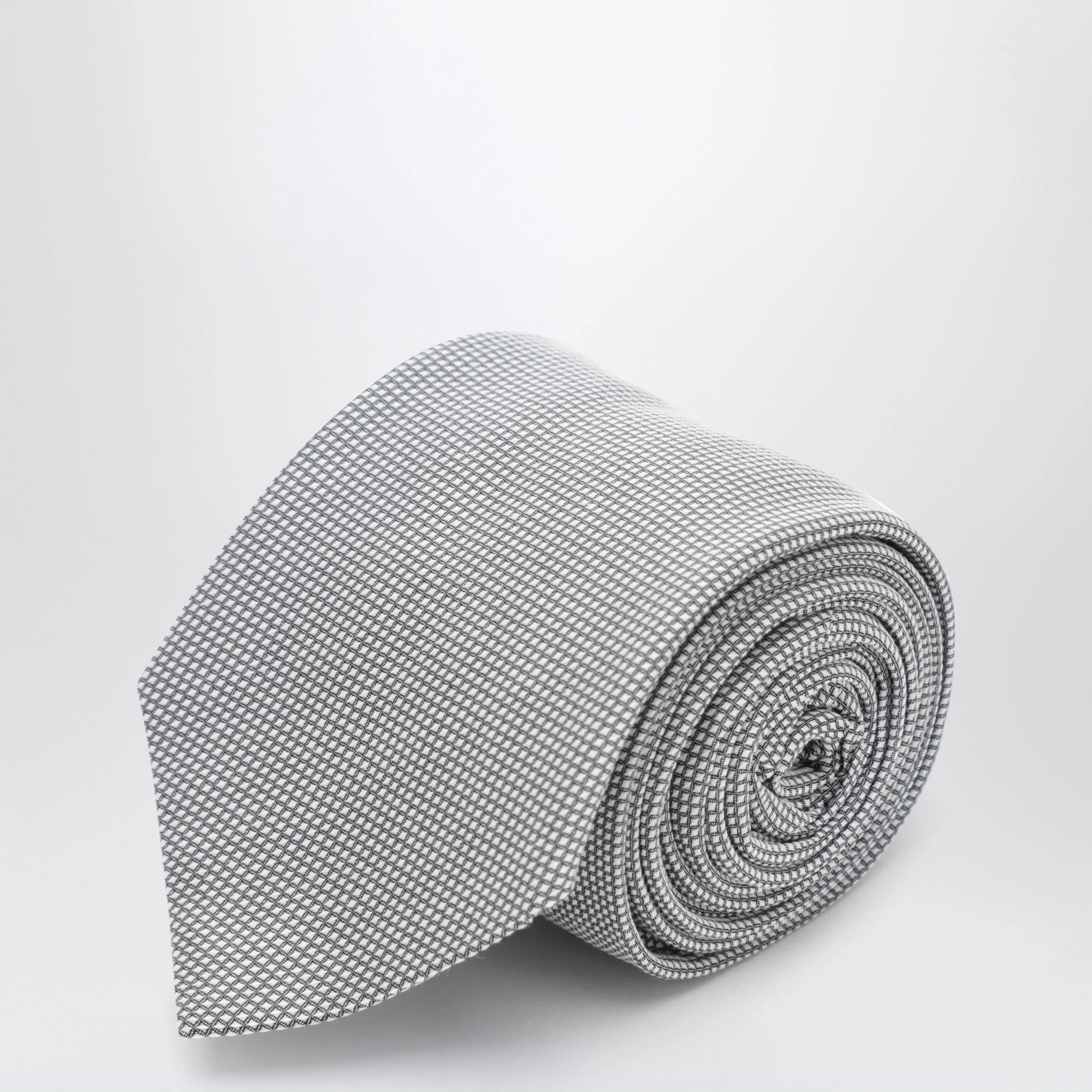 Pearl grey silk tie with micro-check pattern - 1