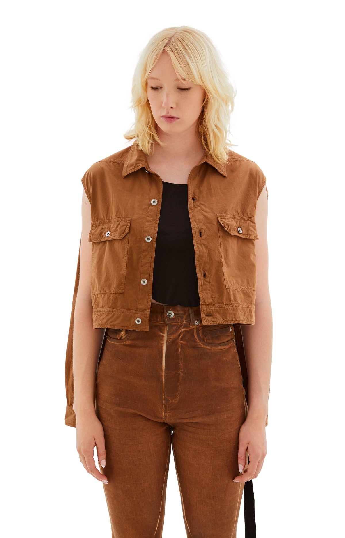 CAPE SLEEVE CROPPED OUTERSHIRT JACKET (KHAKI/BROWN) - 3