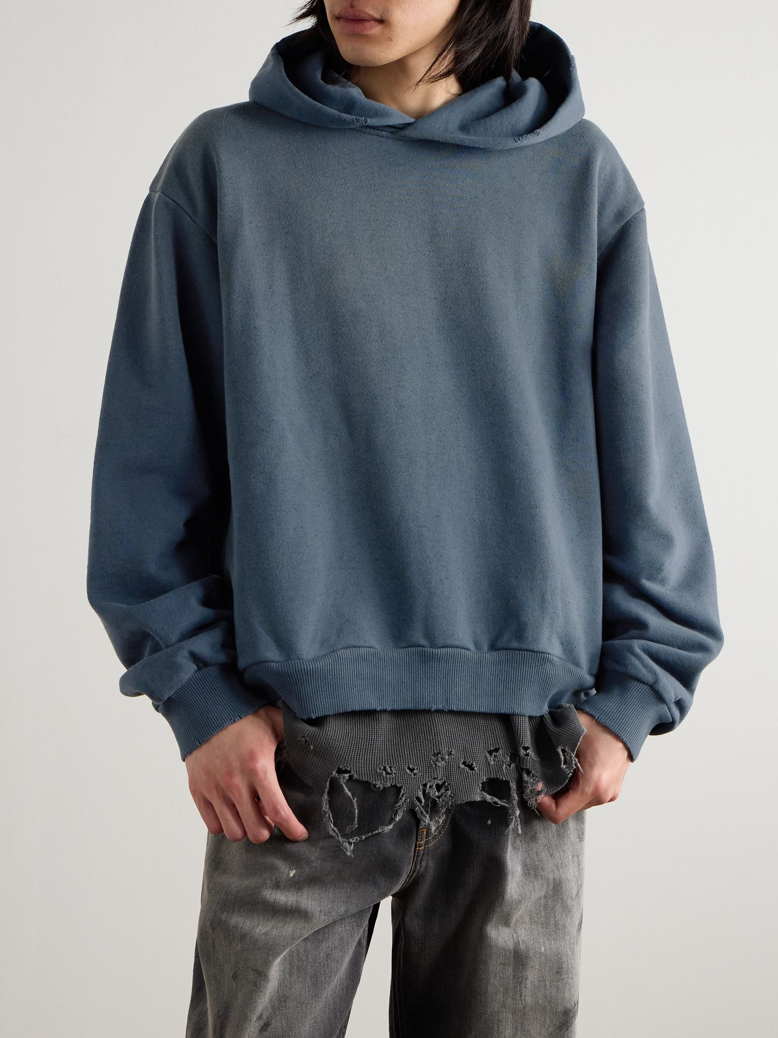 Franziska Garment-Dyed Distressed Logo-Print Cotton-Blend Jersey Hoodie Blue - 3