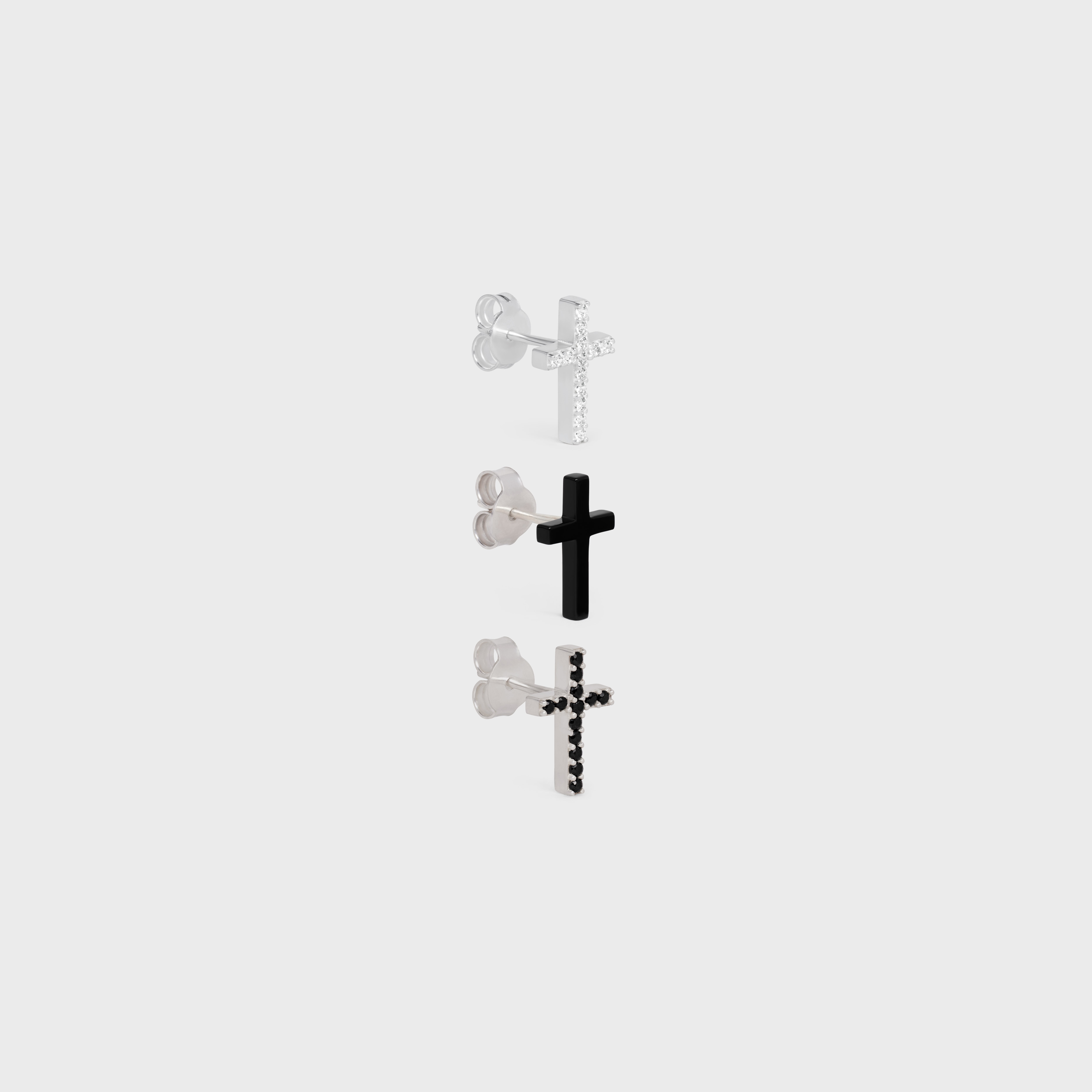 Celine Cross Set of 3 Studs in Brass with Rhodium Finish, Crystals and Varnish - 2