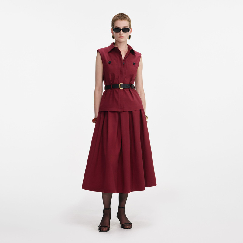 Burgundy Twill Belted Midi Dress 1