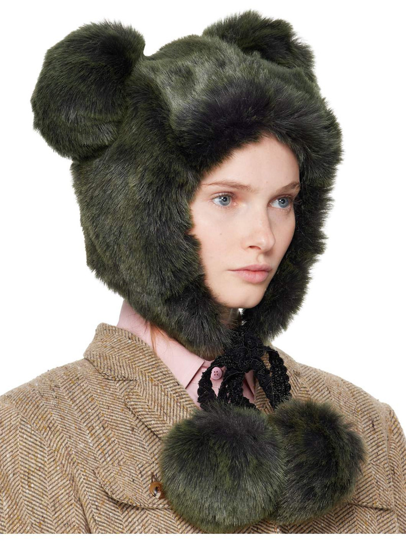 ANNA SUI SSENSE Exclusive Green Faux Fur Teddy Bear Hat outlook