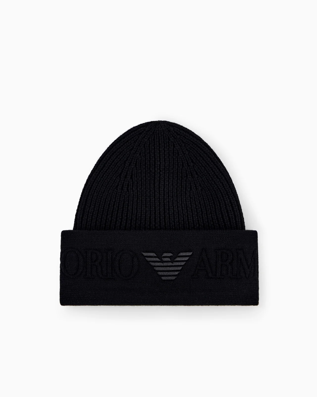 BEANIE HAT IN RIBBED VIRGIN WOOL WITH EMBOSSED LOGO ON CUFF - 1