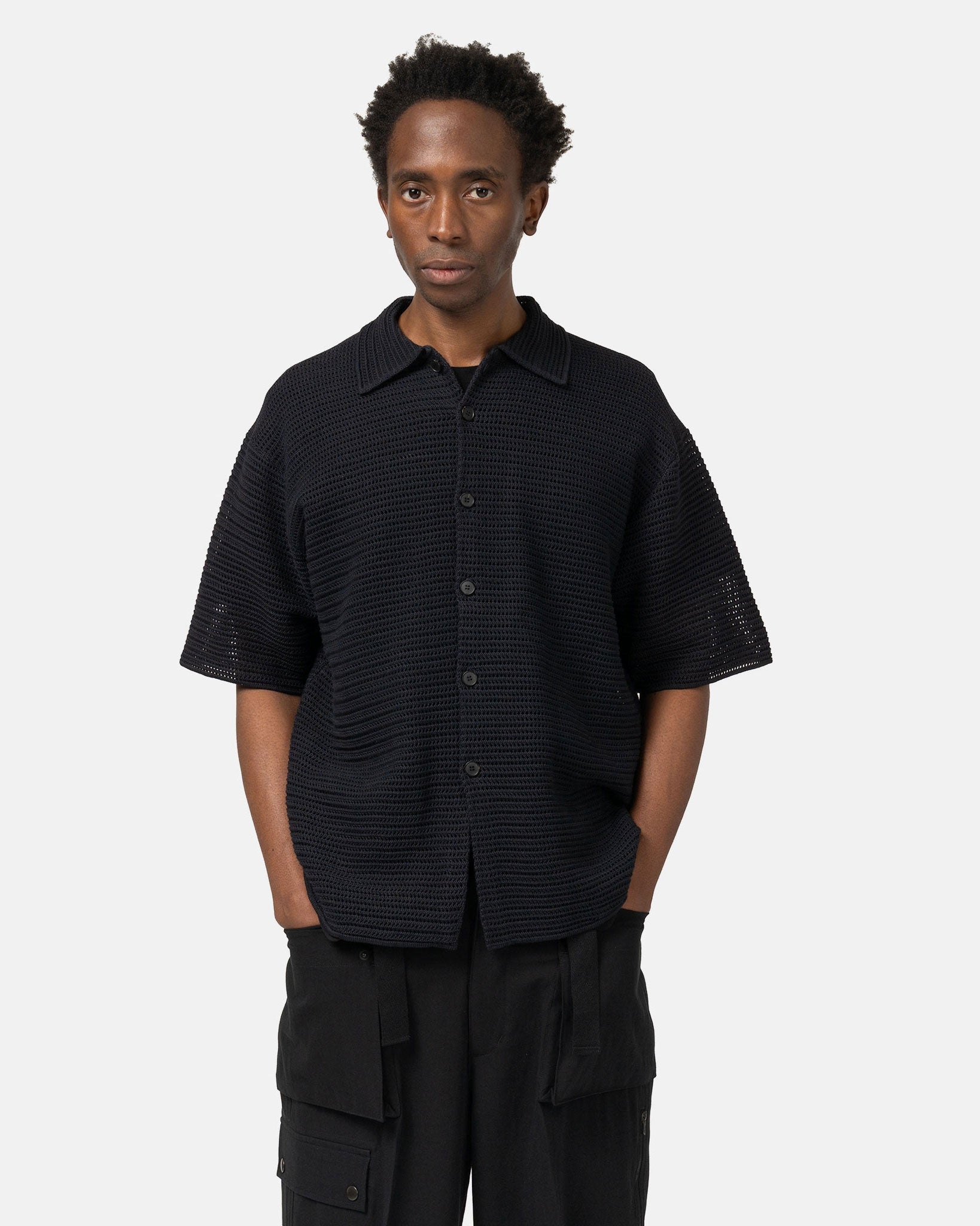 Cotton Mesh Knit Half Sleeved Shirt Dark Navy - 4