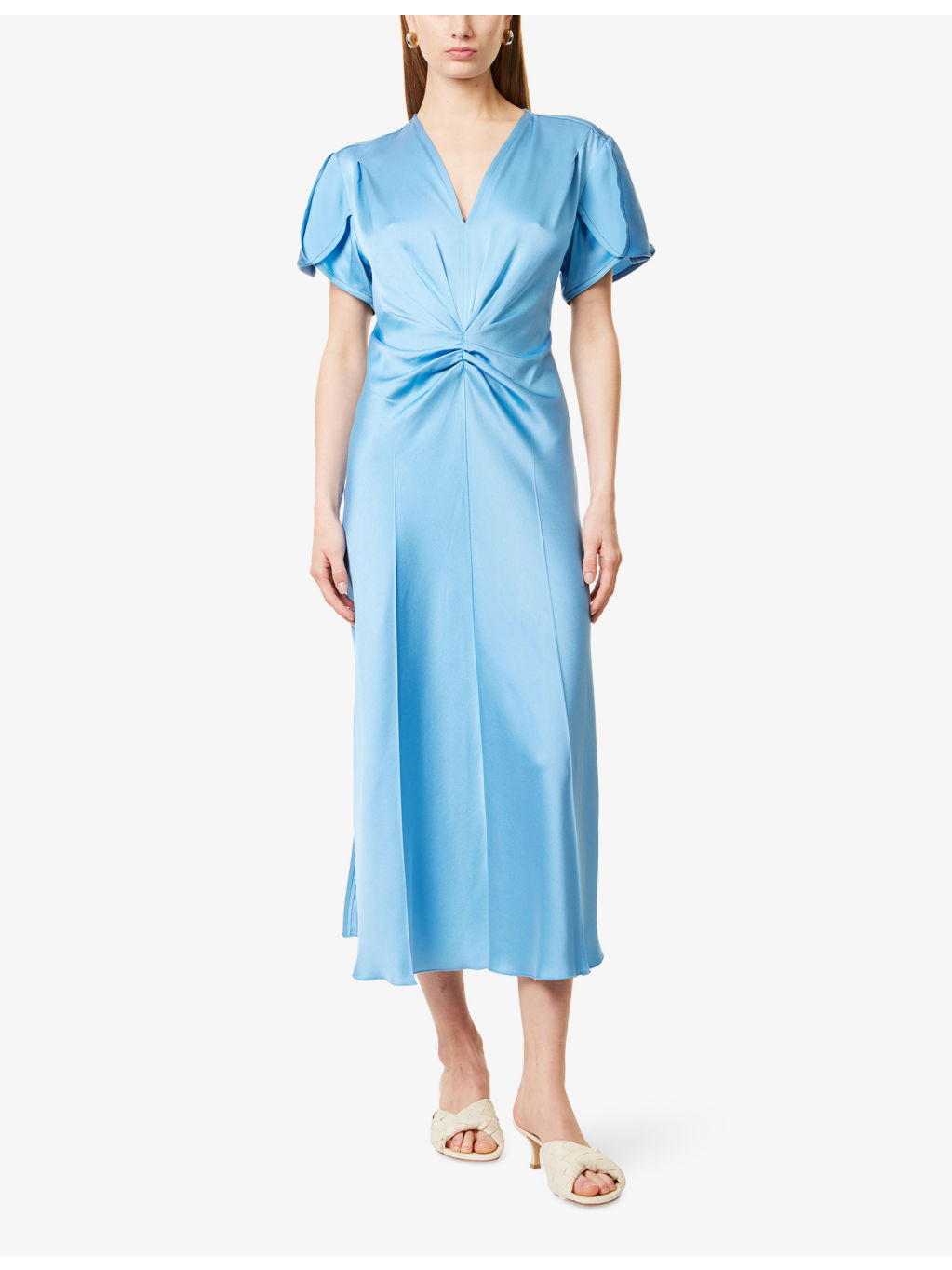 Draped Pleat V-Neck Satin Midi Dress - 3