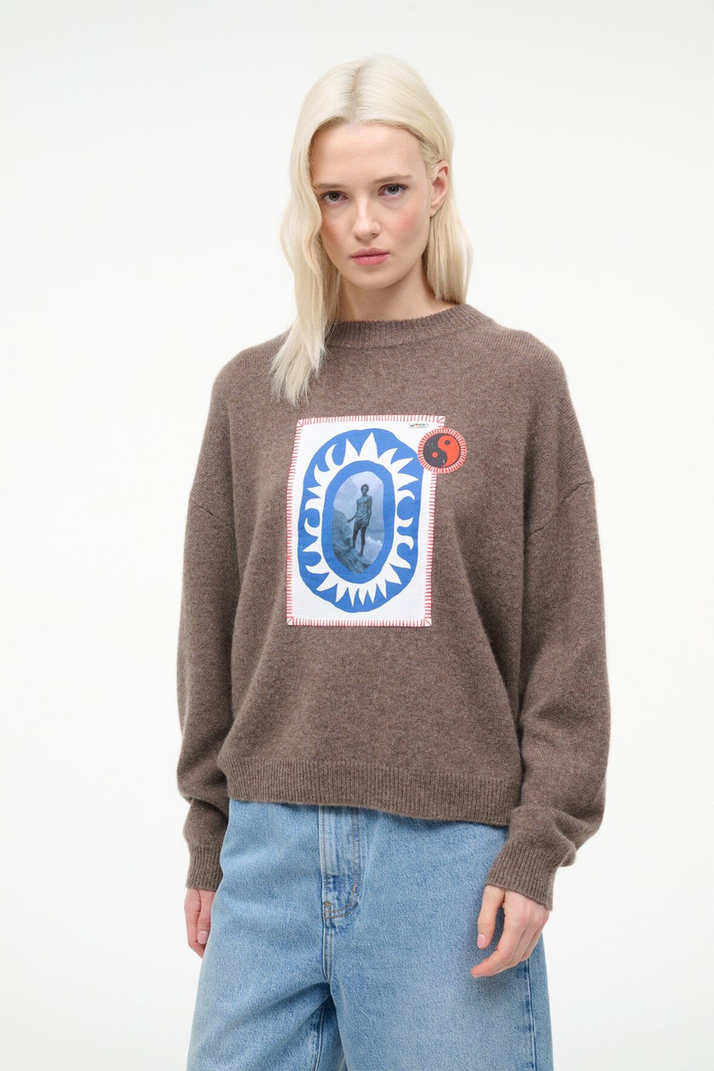 STAUD SERRANO CASHMERE RELAXED CREW TRUFFLE PATCHWORK 1