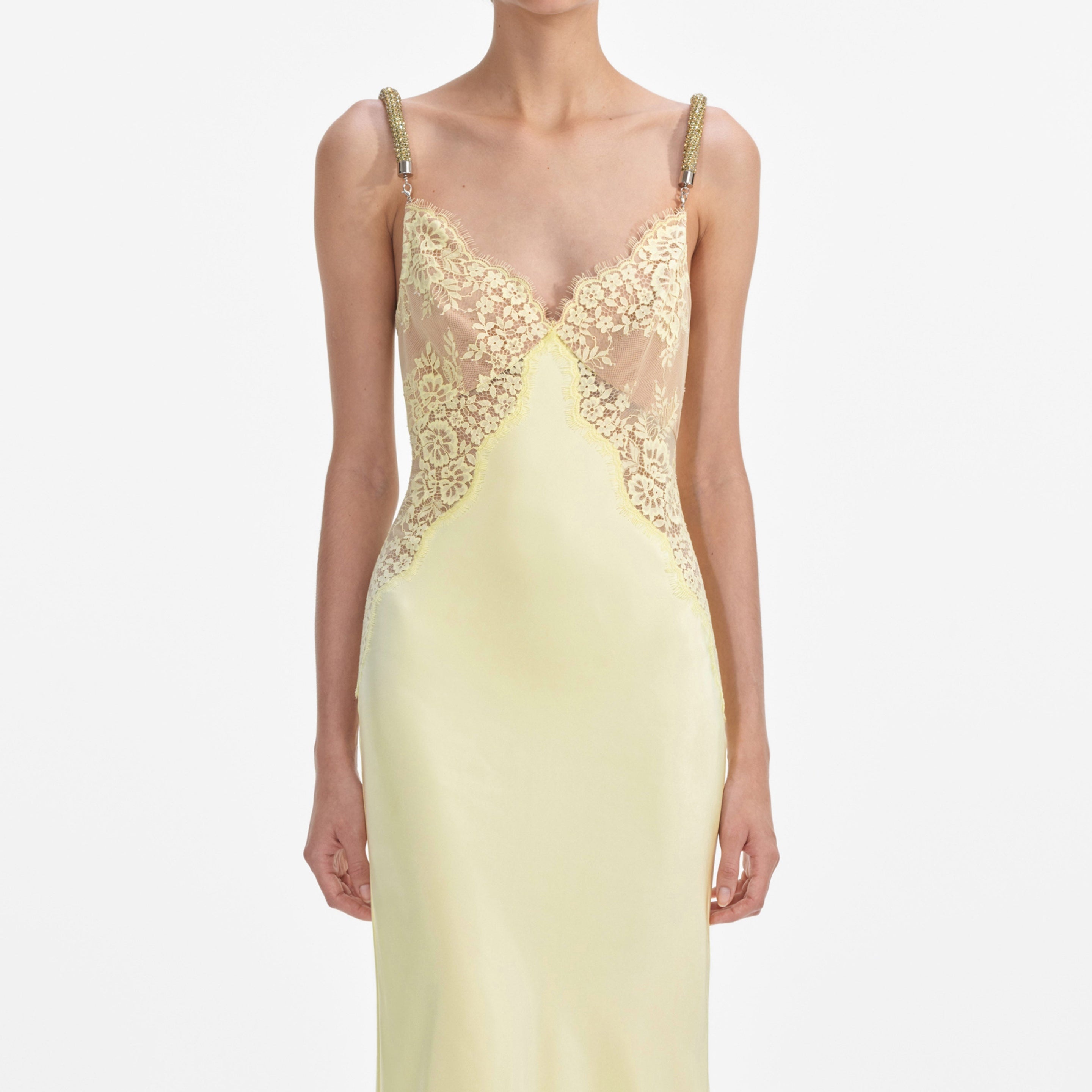 chinese dress ladies Yellow Satin Lace Midi Dress – self-portrait main image 1