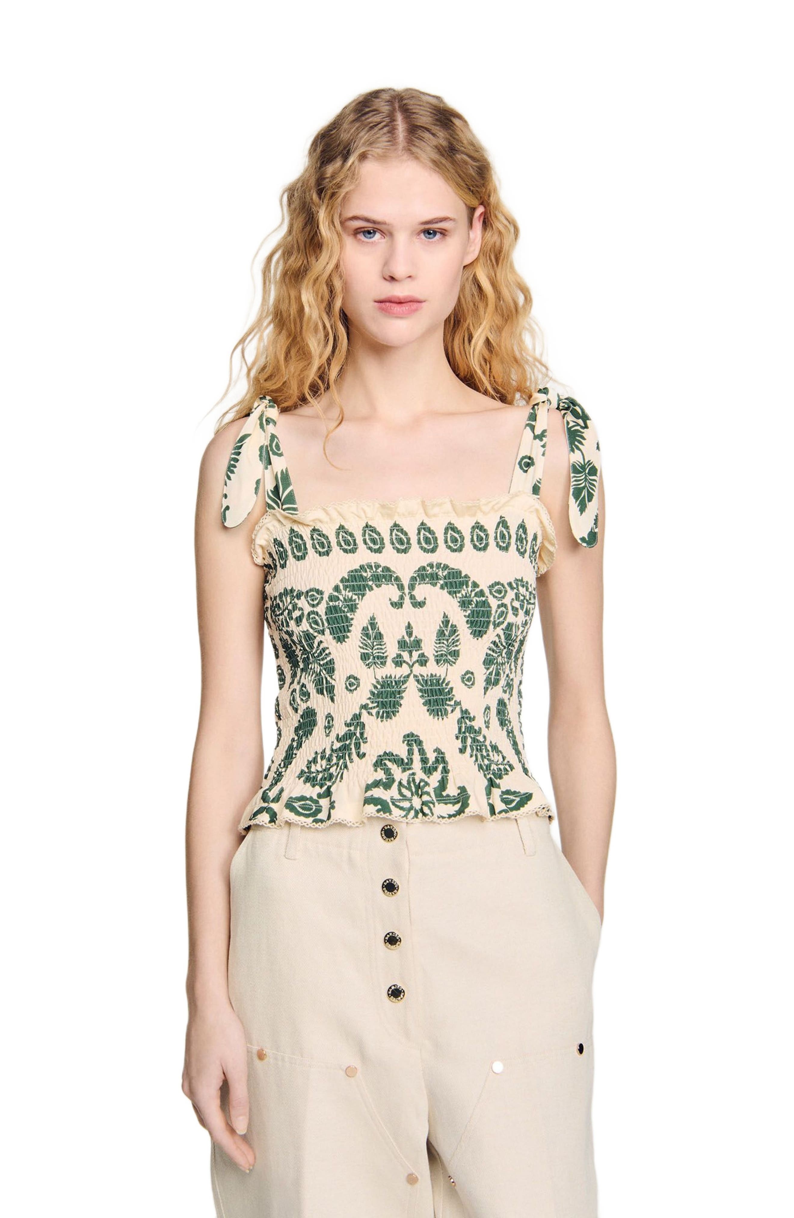 SANDRO Floral motif smocked top in Ecru /Green at Nordstrom - 3