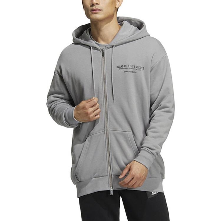 Men's adidas Alphabet Printing Pattern Drawstring Hooded Long Sleeves Jacket Light Grey HZ7027 - 2