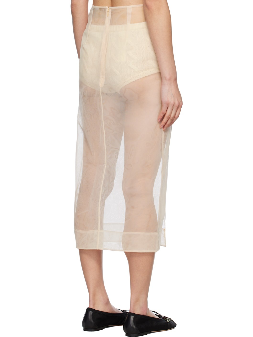 Beige Sheer Slit Pencil Midi Skirt - 3