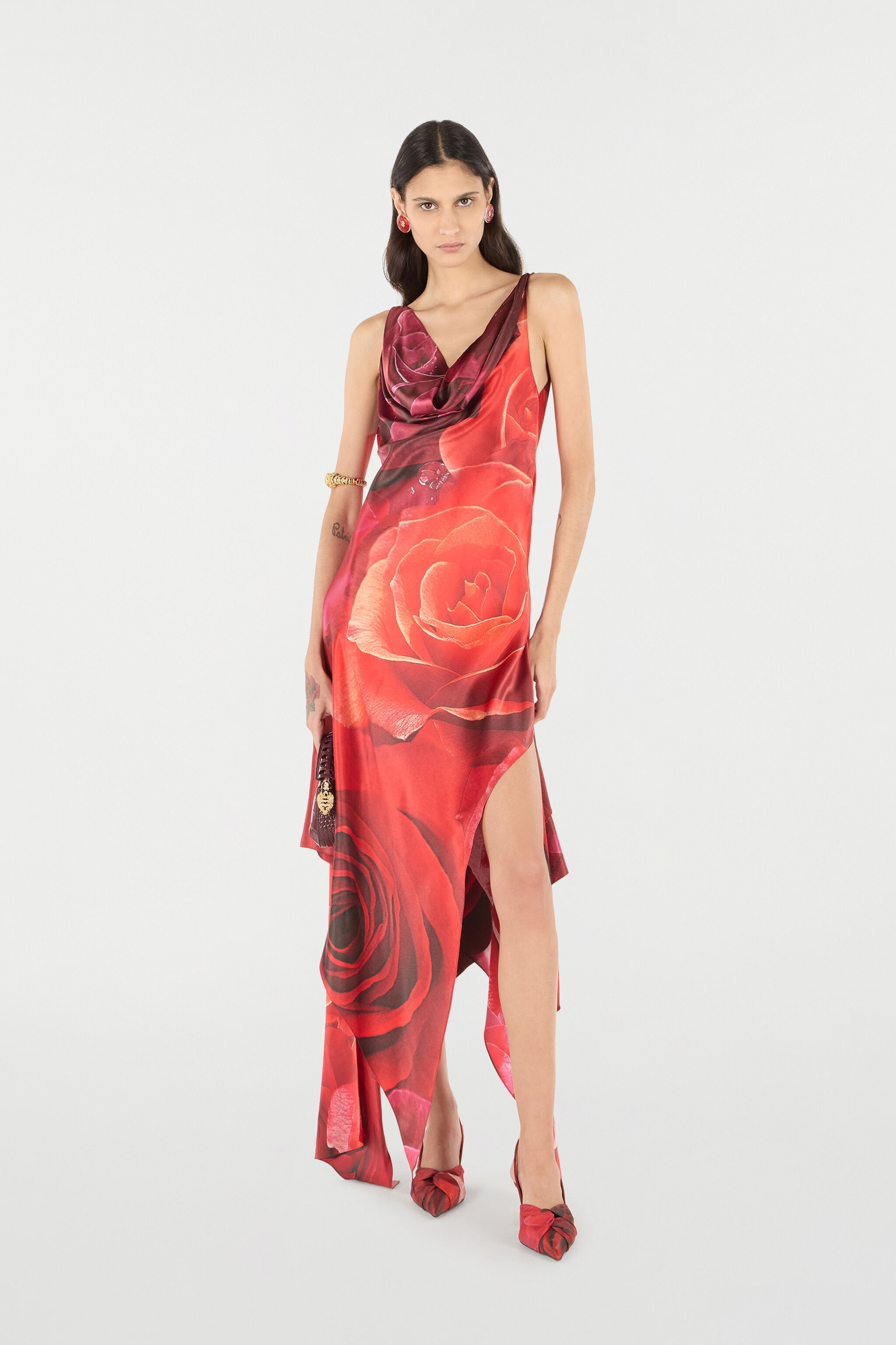 Dress With Asymmetric Skirt And Rose Print - 2