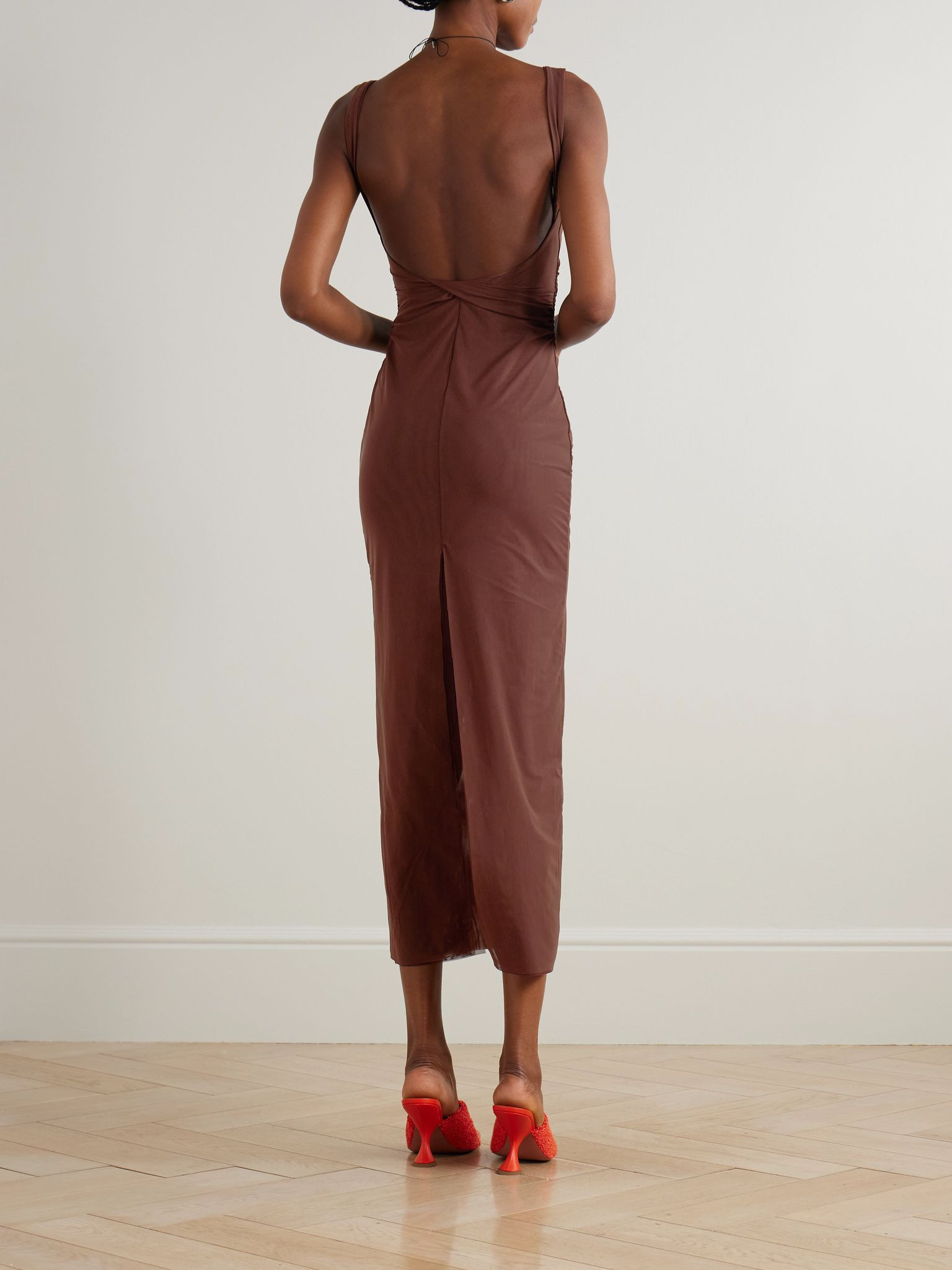Jacques open-back gathered stretch-mesh midi dress Brown - 3