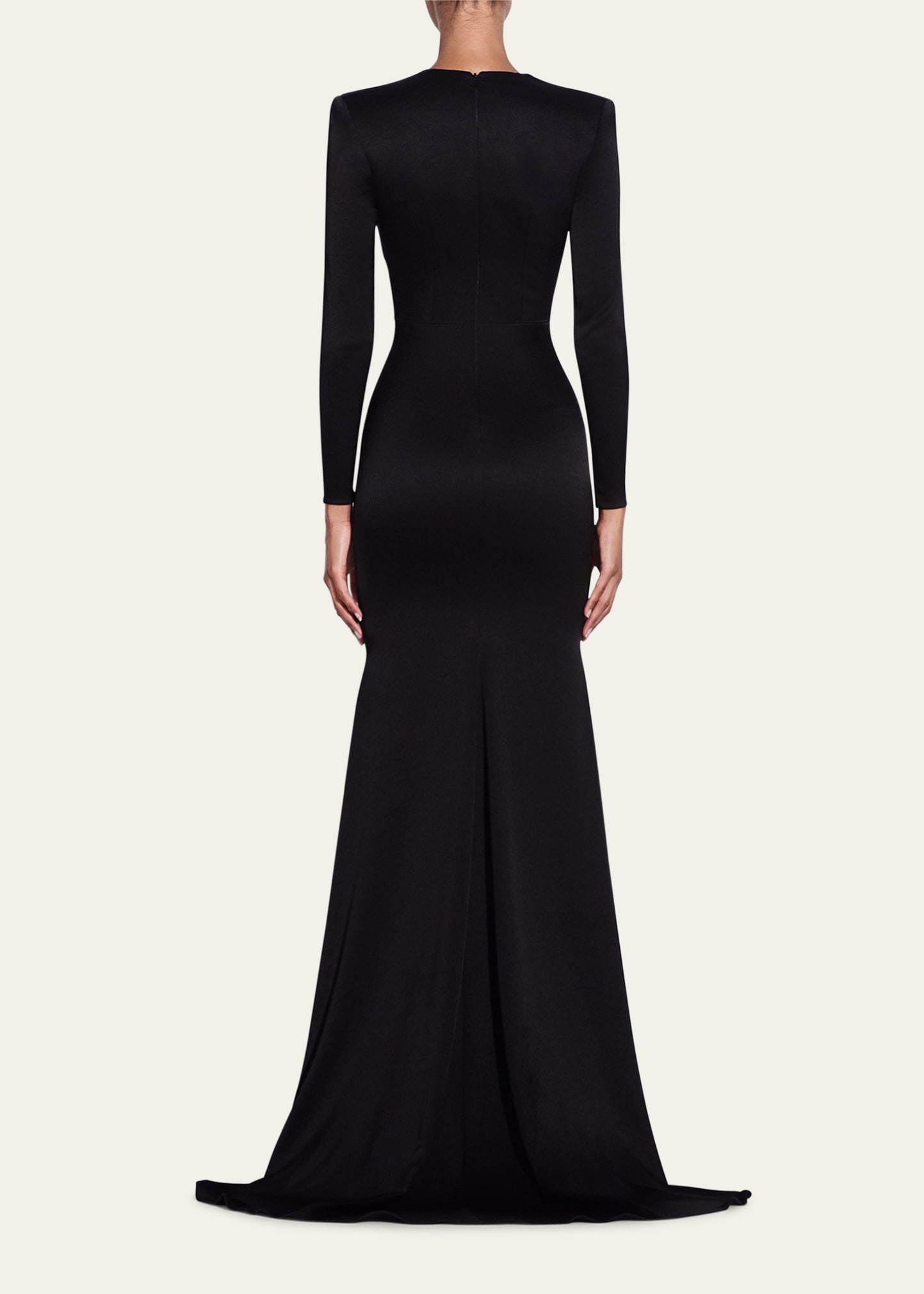 Long Sleeve Mermaid Satin Crepe Paneled Gown - 3