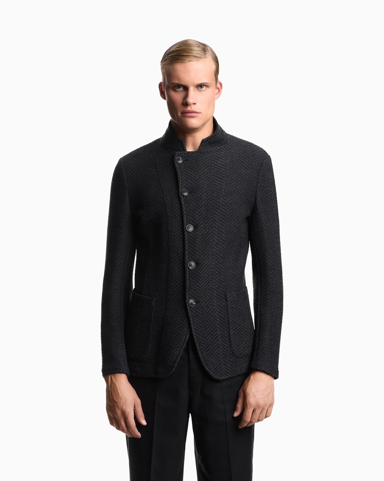 ICON GURU-COLLAR JACKET WITH OFF-CENTRE FASTENING IN A CHEVRON WOOL KNIT - 4