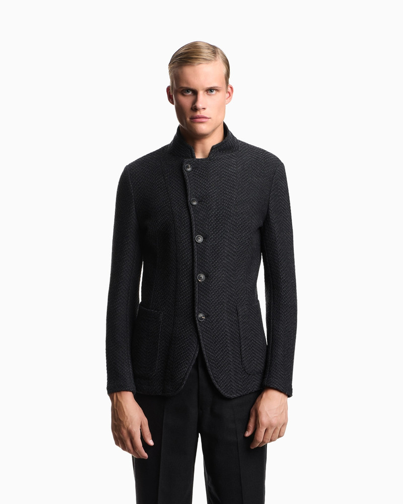 EMPORIO ARMANI ICON GURU-COLLAR JACKET WITH OFF-CENTRE FASTENING IN A CHEVRON WOOL KNIT outlook