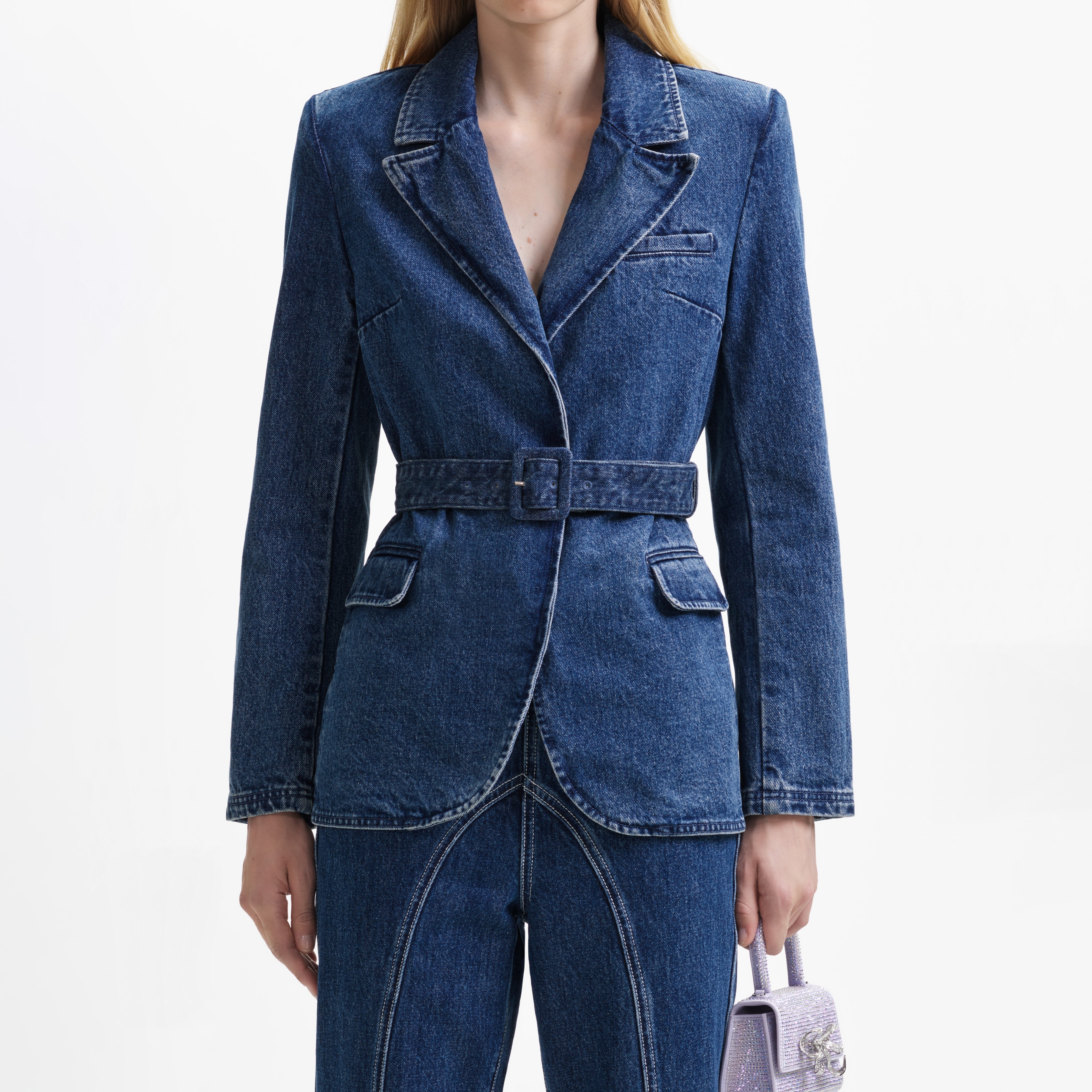 Belted Denim Blazer - 4
