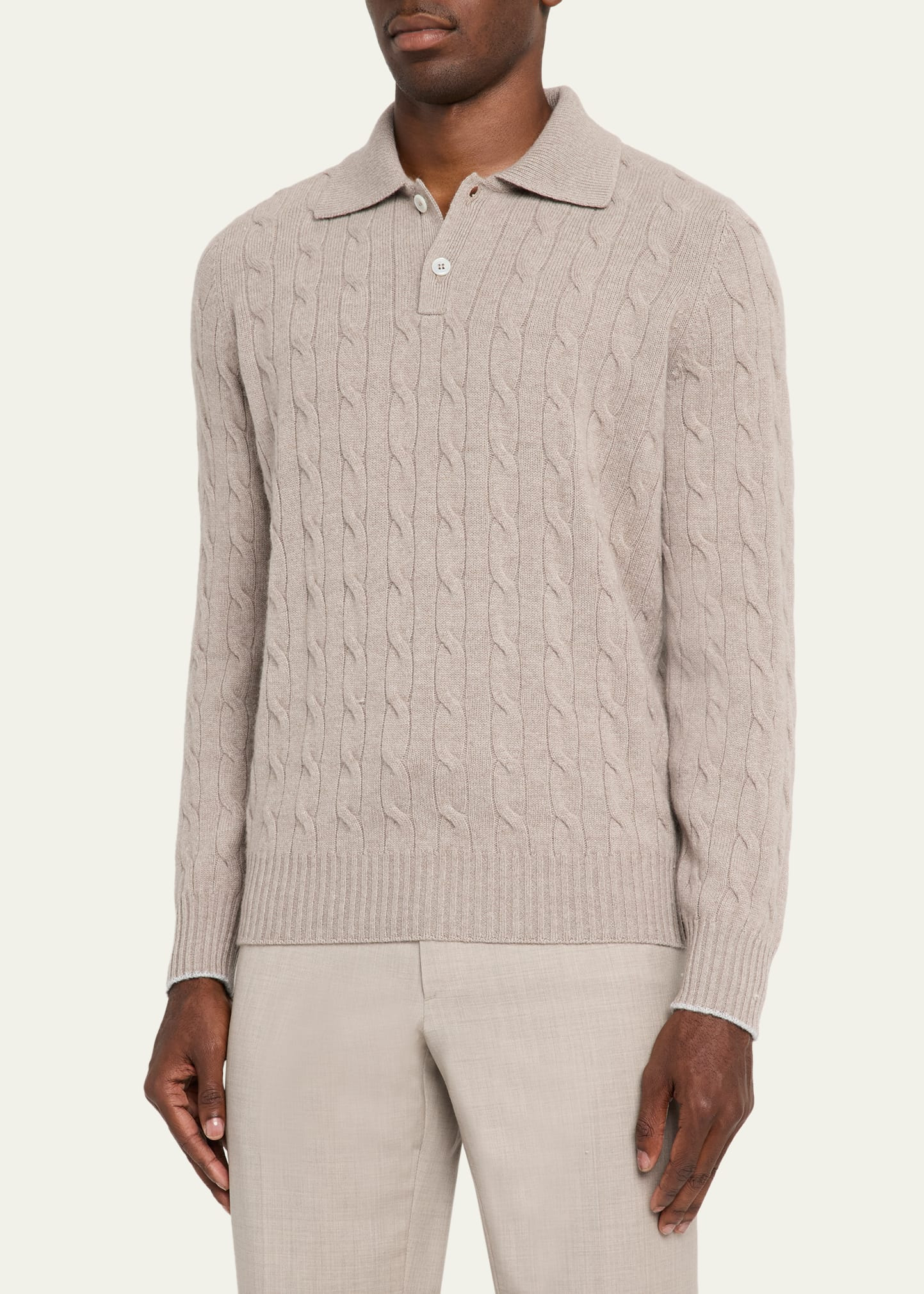 Men's Cashmere Cable Knit Polo Sweater - 4