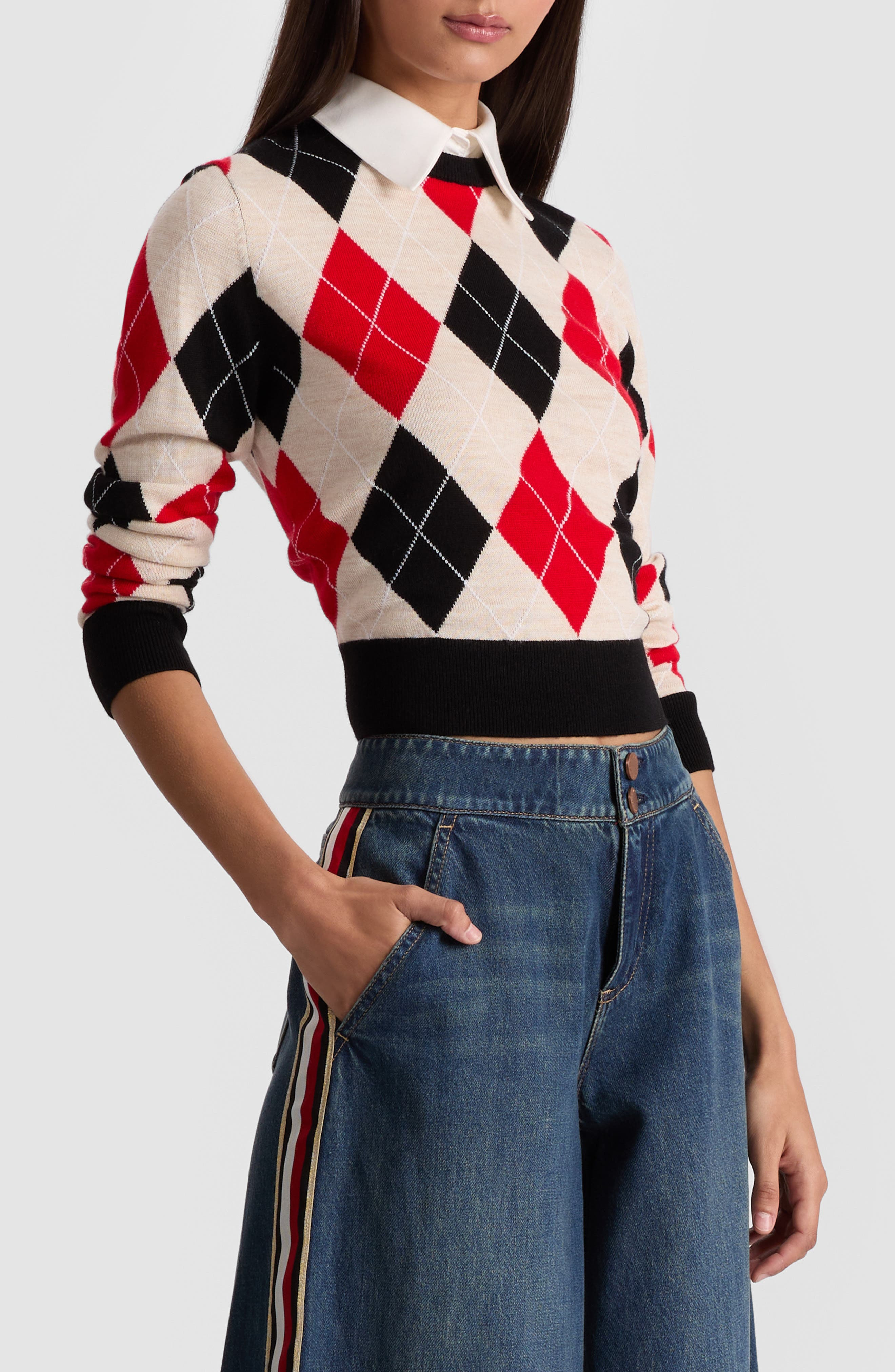 Alice + Olivia Carol Ann Wool Blend Argyle Sweater with Removable Collar in Oatmeal Heather /Black / - 3