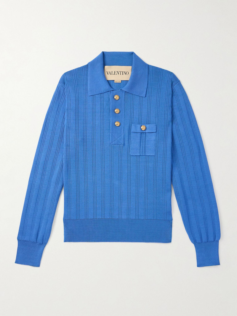 Ribbed Cotton Polo Shirt Blue 1