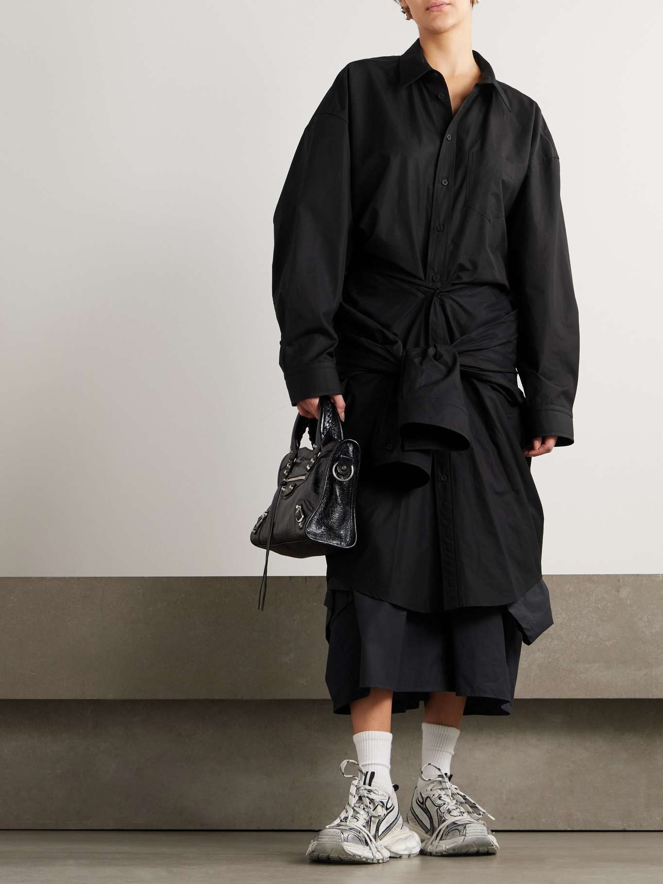 ●送料込●BALENCIAGA●Black cotton and poplin oversize dress BALENCIAGA Oversized belted layered cotton-poplin midi shirt