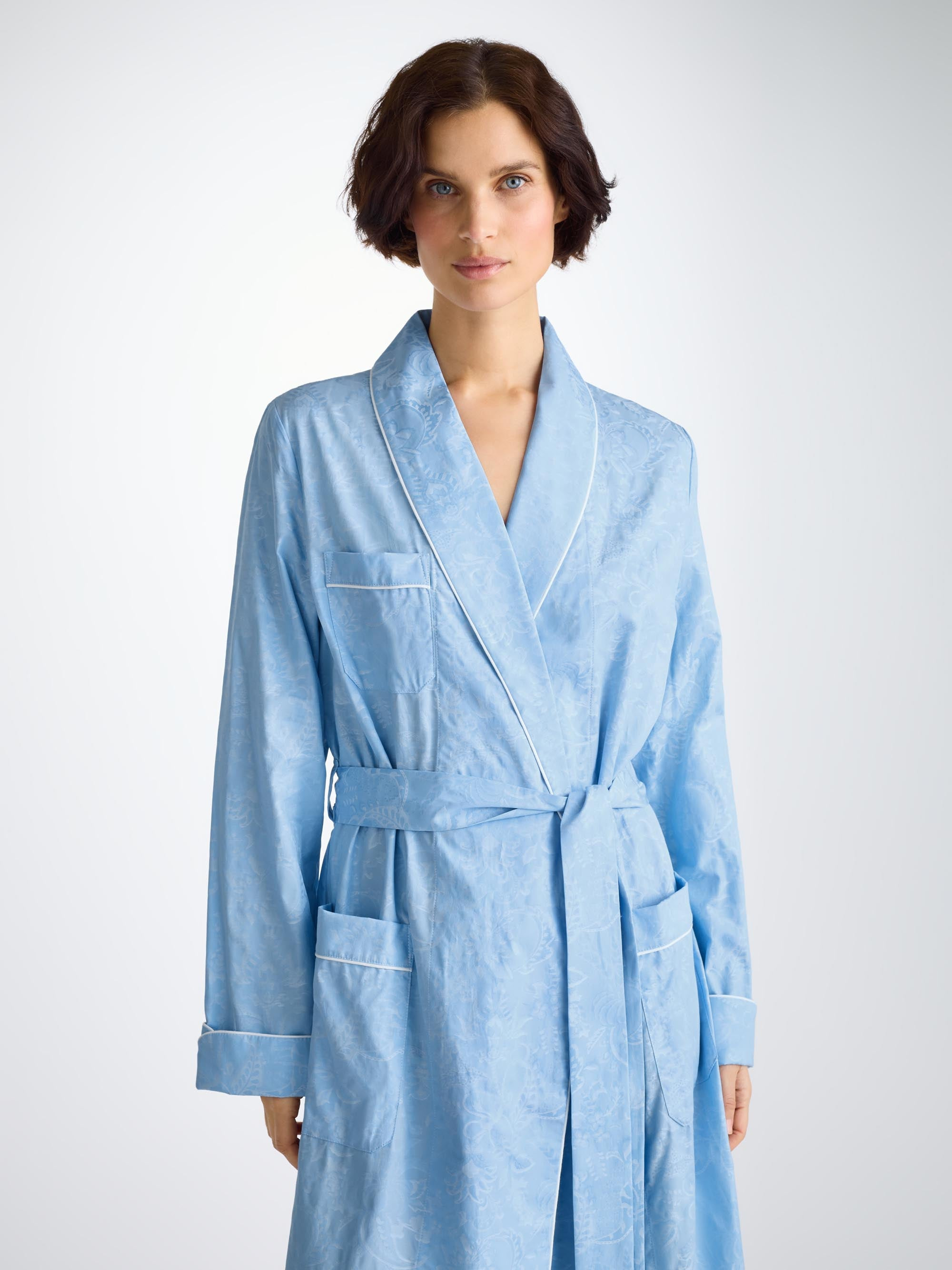 Women's Robe Cotton Jacquard Light Blue Jungle Paisley Pattern - 3