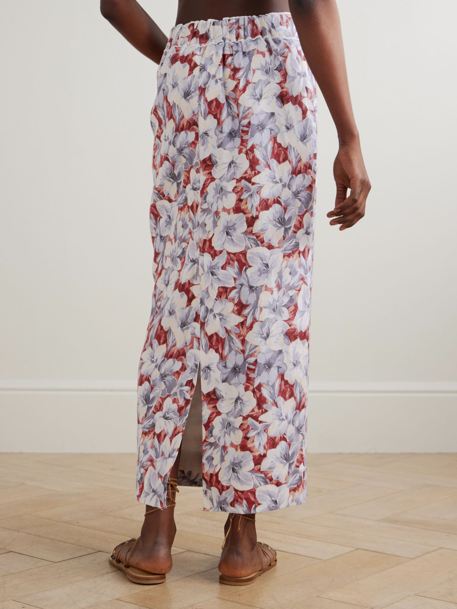 Emma lace-trimmed floral-print linen midi skirt Multi - 3