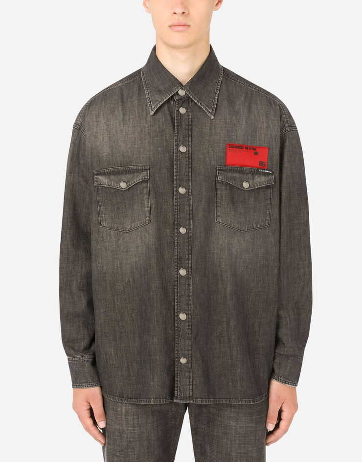 Gray wash denim shirt with patch embellishment - 1