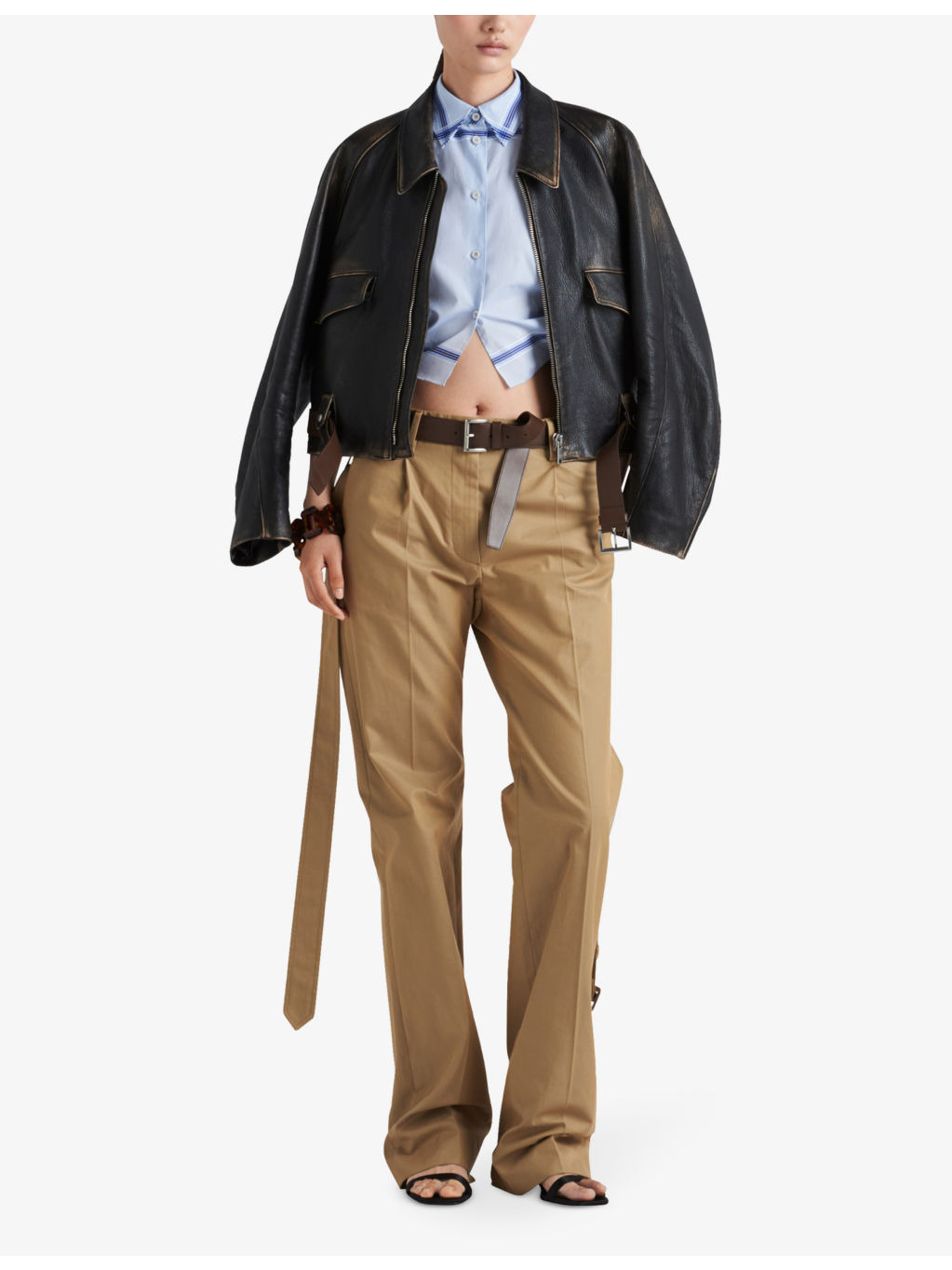 Belted-hem faded leather jacket - 2