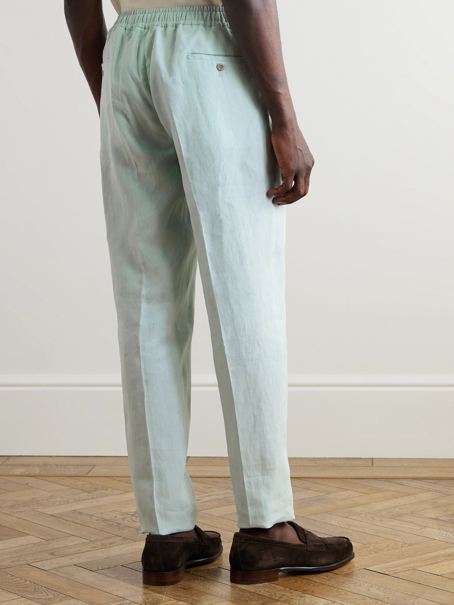 Straight-Leg Linen Drawstring Trousers Blue - 4