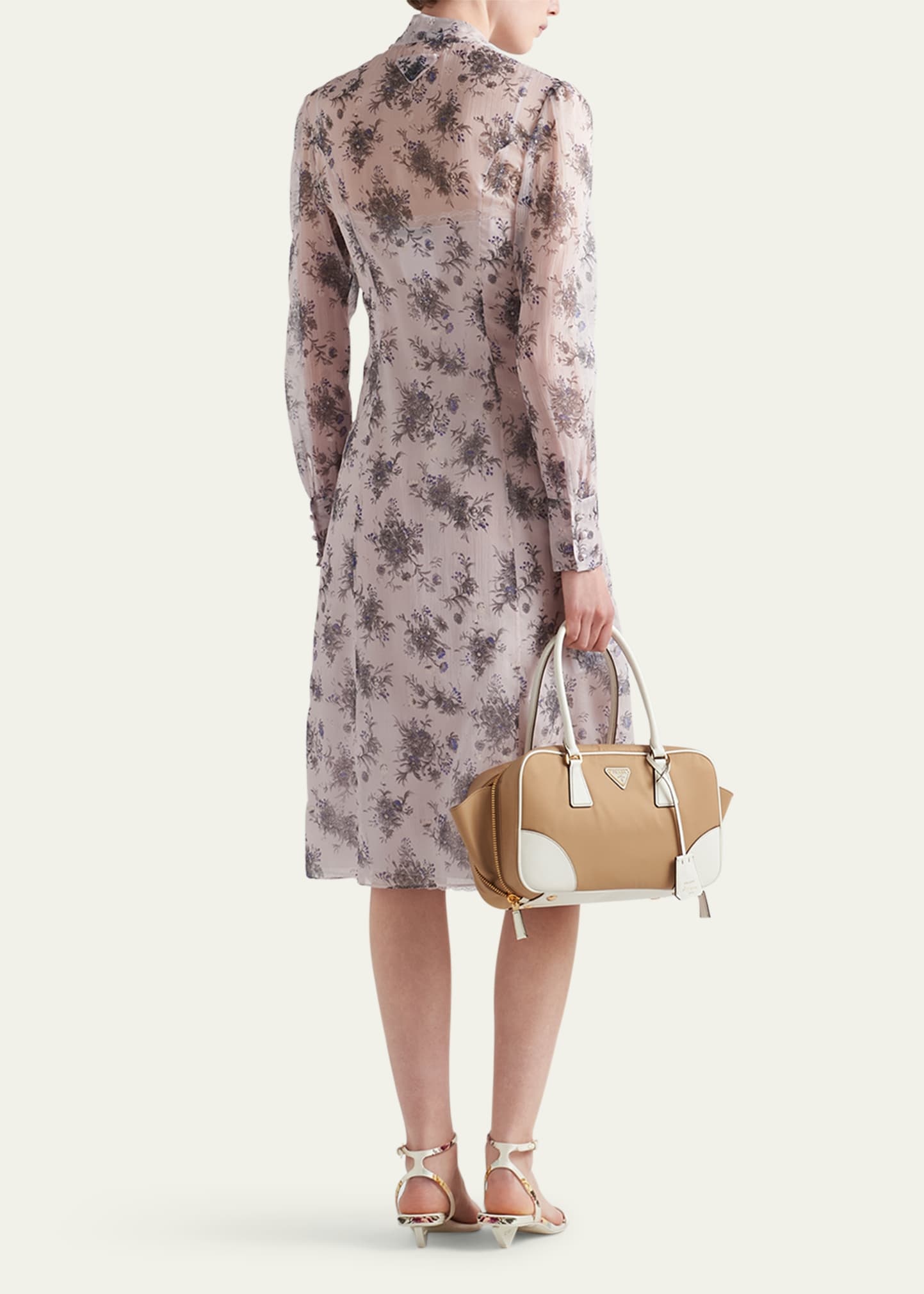 Floral Chiffon Scarf-Collar Midi Dress - 3