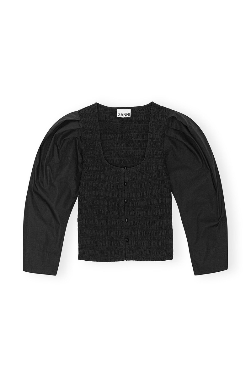 BLACK COTTON POPLIN SMOCK BLOUSE 1