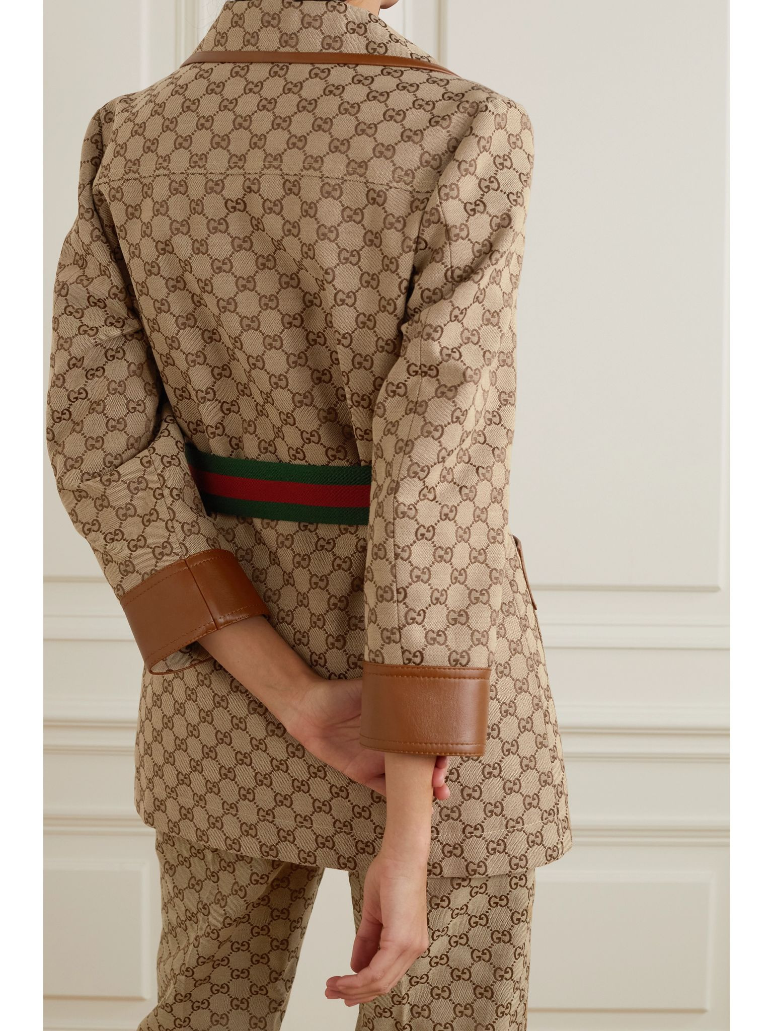 Belted leather-trimmed cotton-blend canvas-jacquard jacket Camel - 3