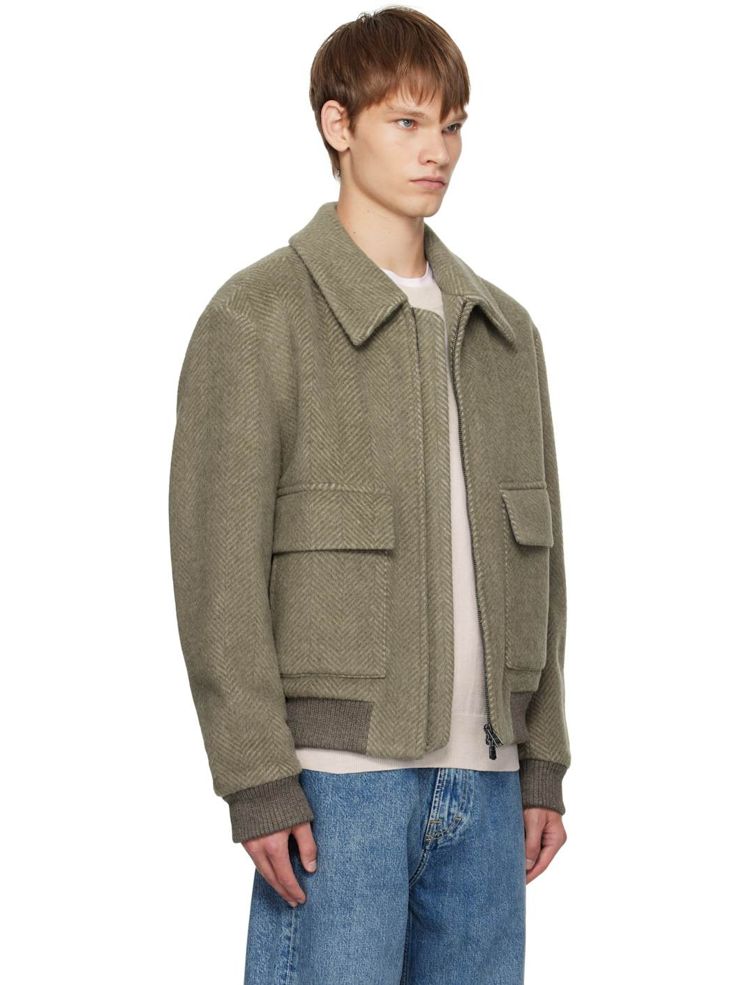 Khaki Regular-Fit Herringbone-Patterned Jacket - 2