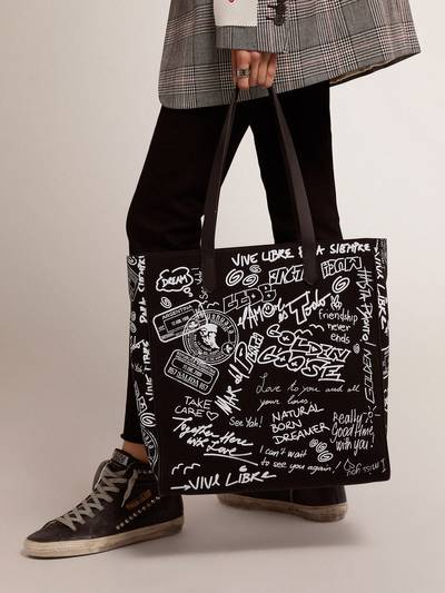 Golden Goose Black North-South California Bag with contrasting white graffiti print outlook