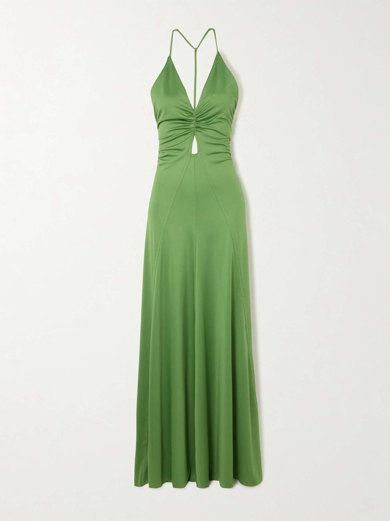 Cutout ruched stretch-satin gown Green 1