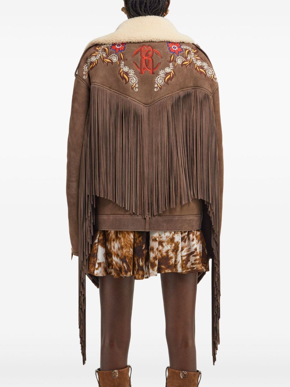 shearling-trimmed fringed leather jacket - 3