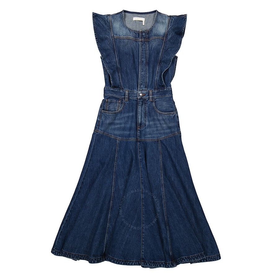 Chloe Ladies Dusky Blue Ruffled Pleated Denim Dress - 2