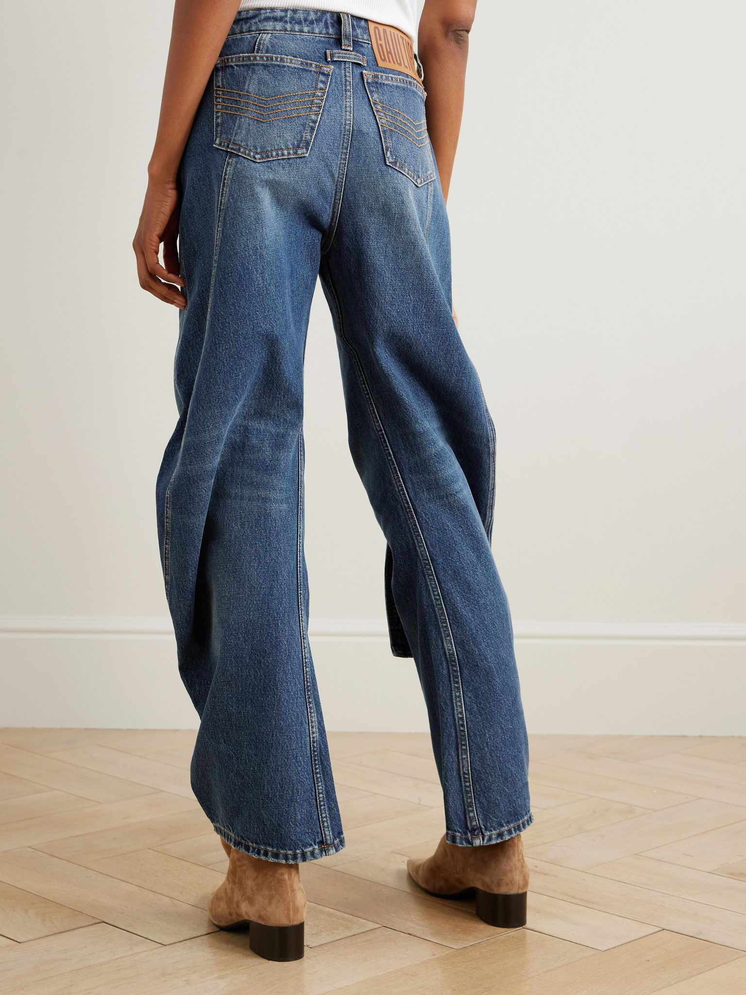 Strap-detailed paneled high-rise wide-leg jeans Blue - 4