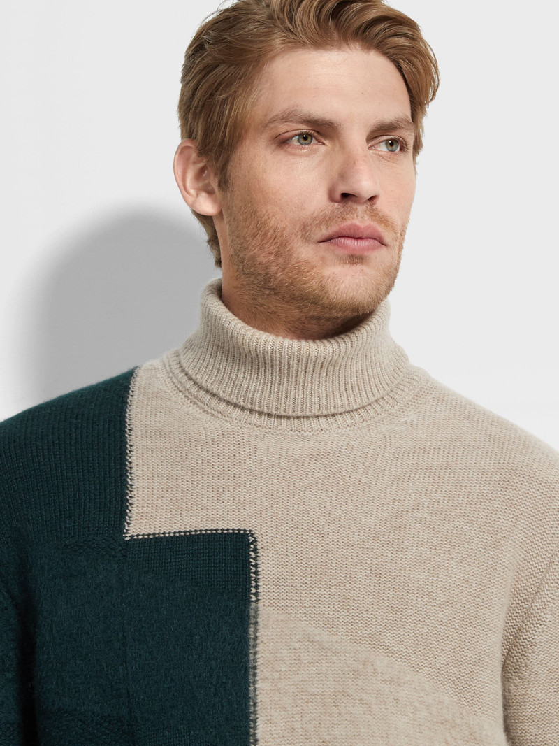 ZEGNA LIGHT TAUPE AND DARK GREEN CASHMERE AND MOHAIR TURTLENECK outlook