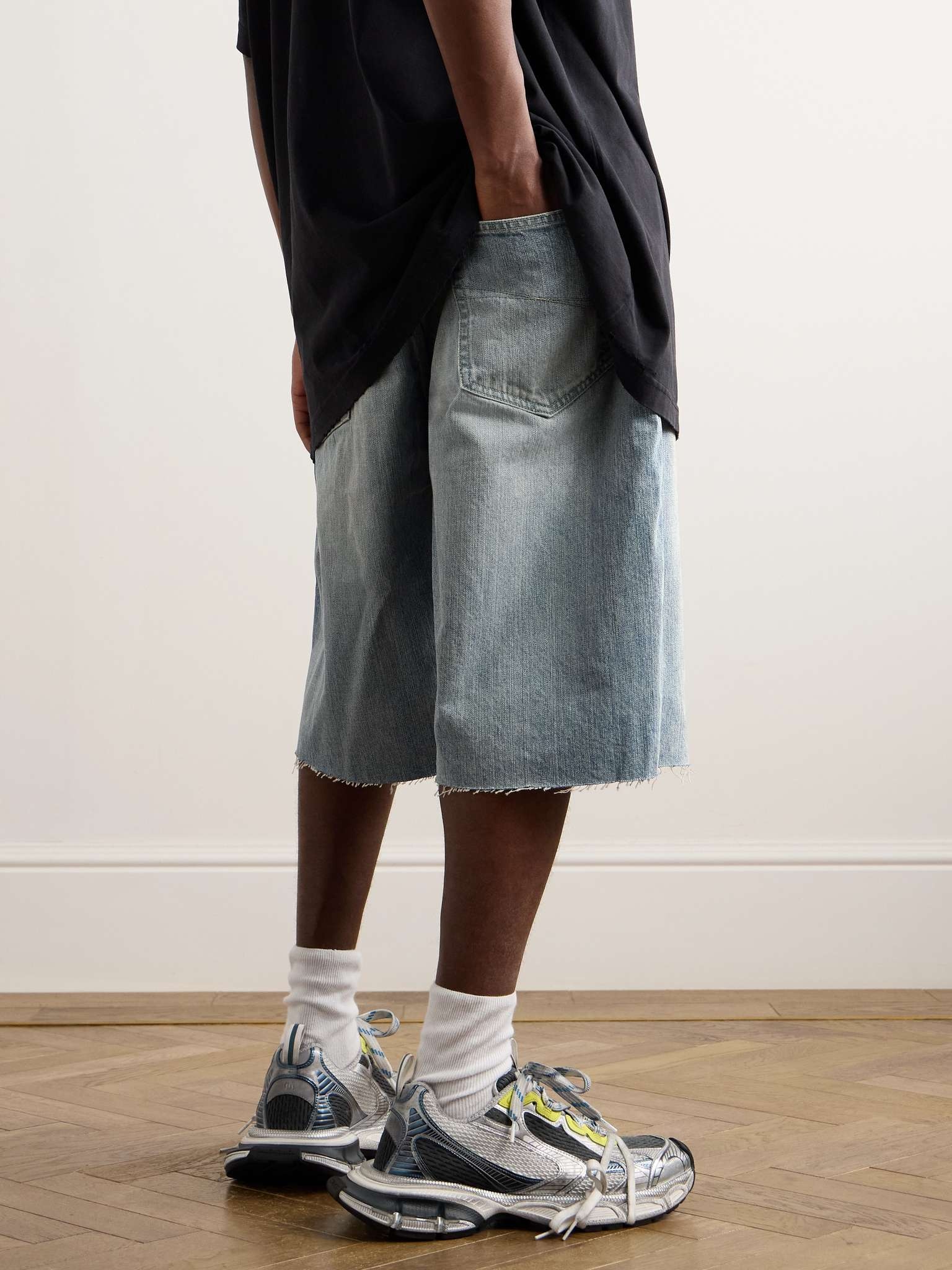 Distressed Denim Drawstring Shorts - 4