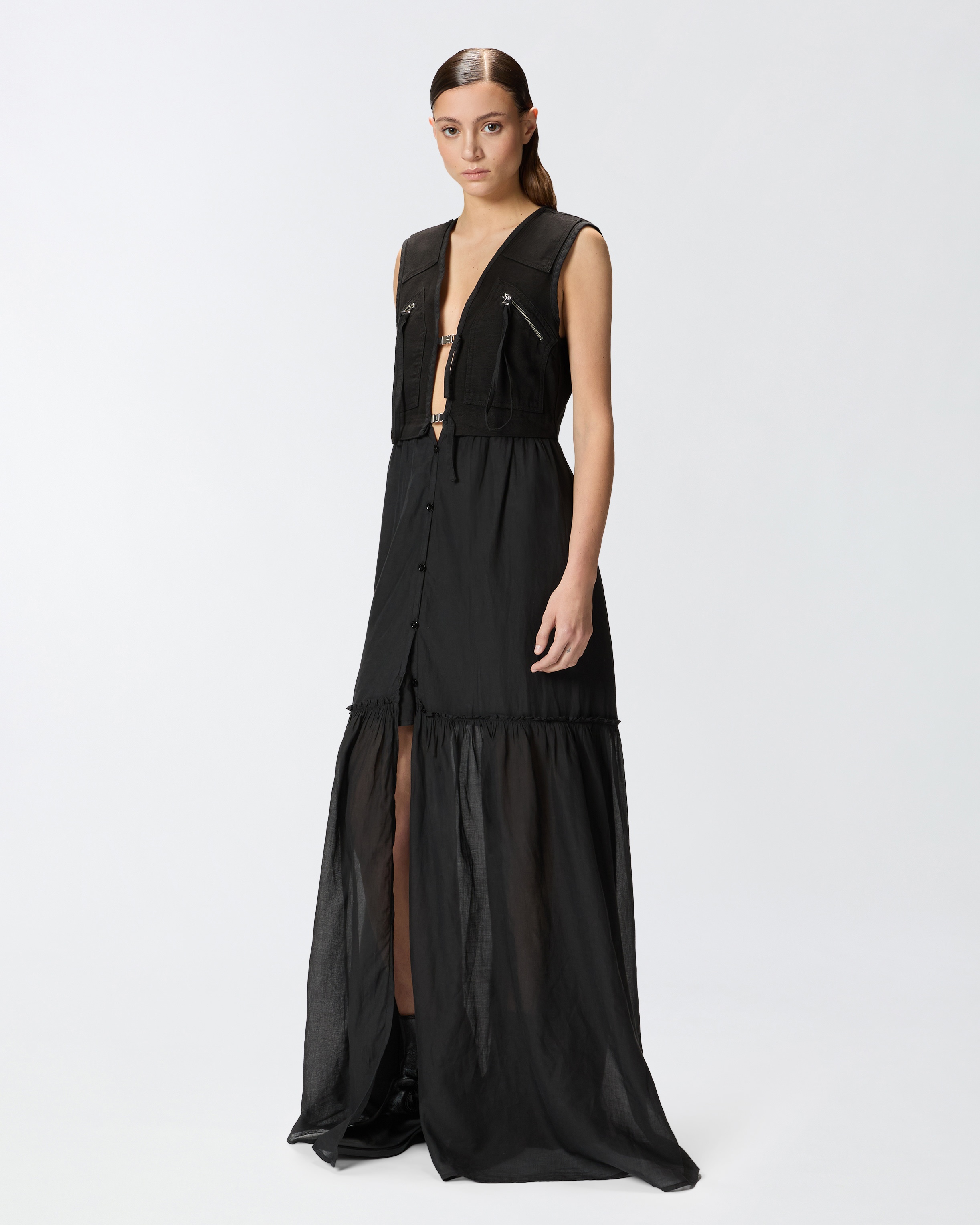 LONG COTTON DRESS WITH UTILITY-STYLE VEST - 3