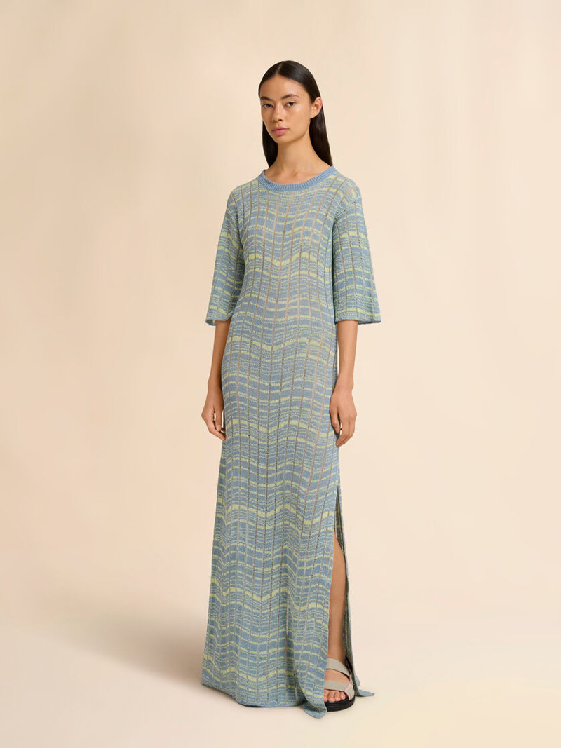 Marni BLUE RIBBED LINEN DRESS WITH WAVY PATTERN outlook
