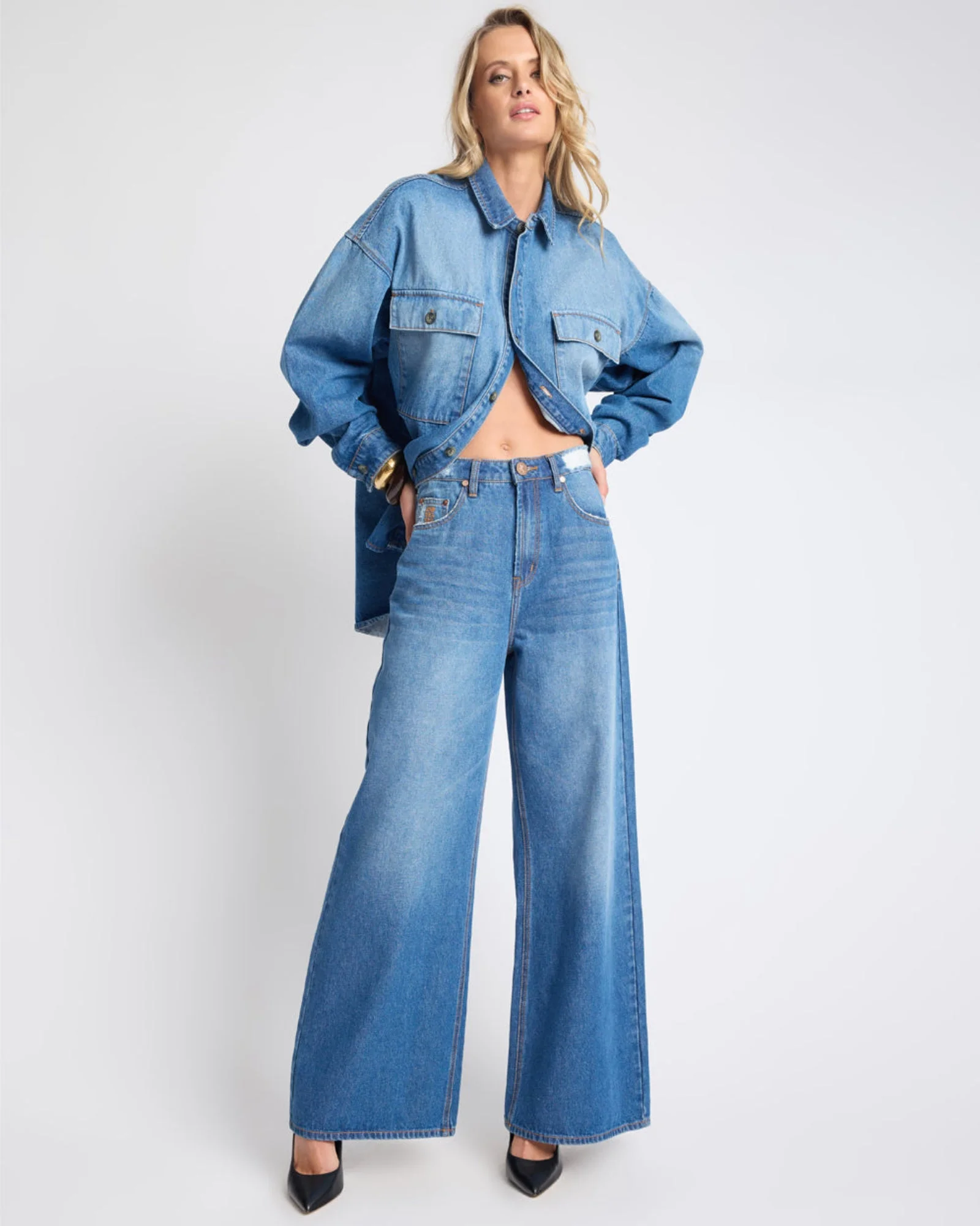 Love Machines Mid Waist Super Wide Leg Denim Jeans - Pacifica Blue - 1