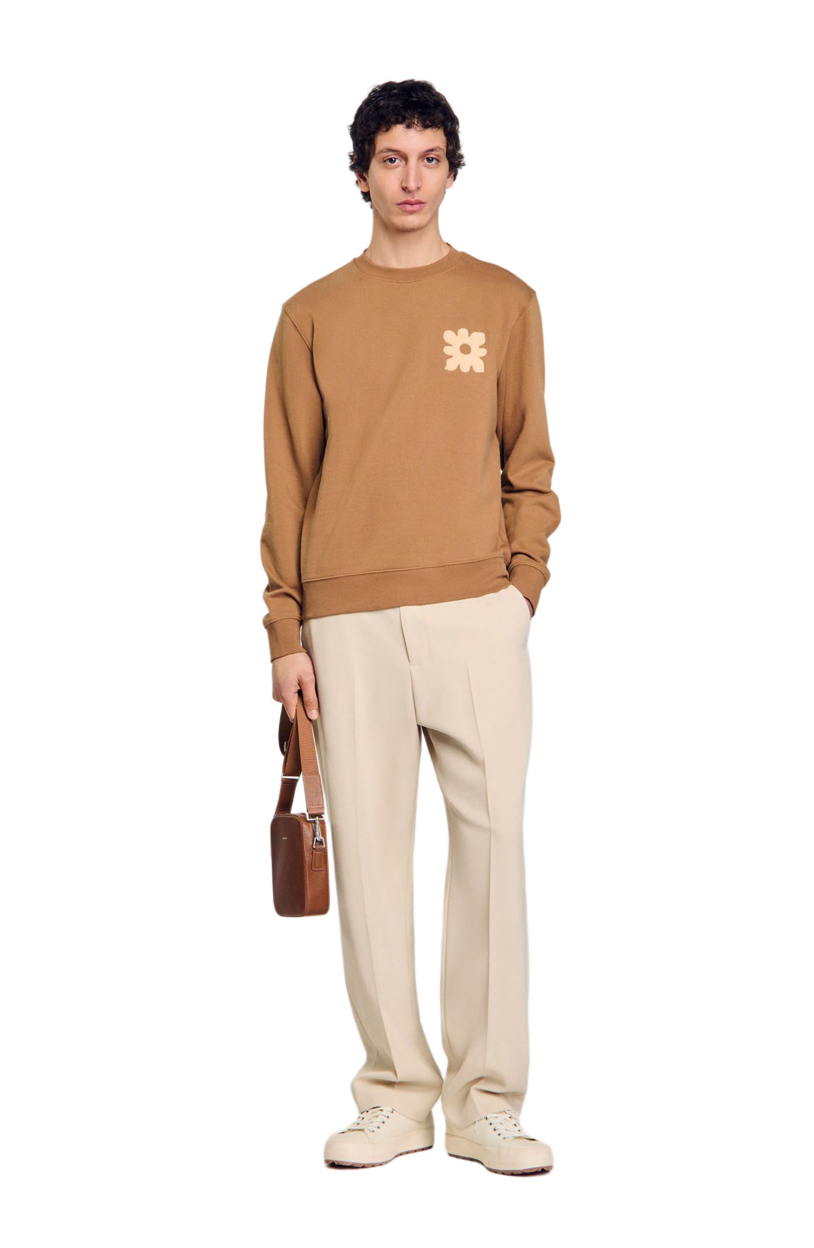 SANDRO Sweatshirt with flower patch in Nut at Nordstrom - 6