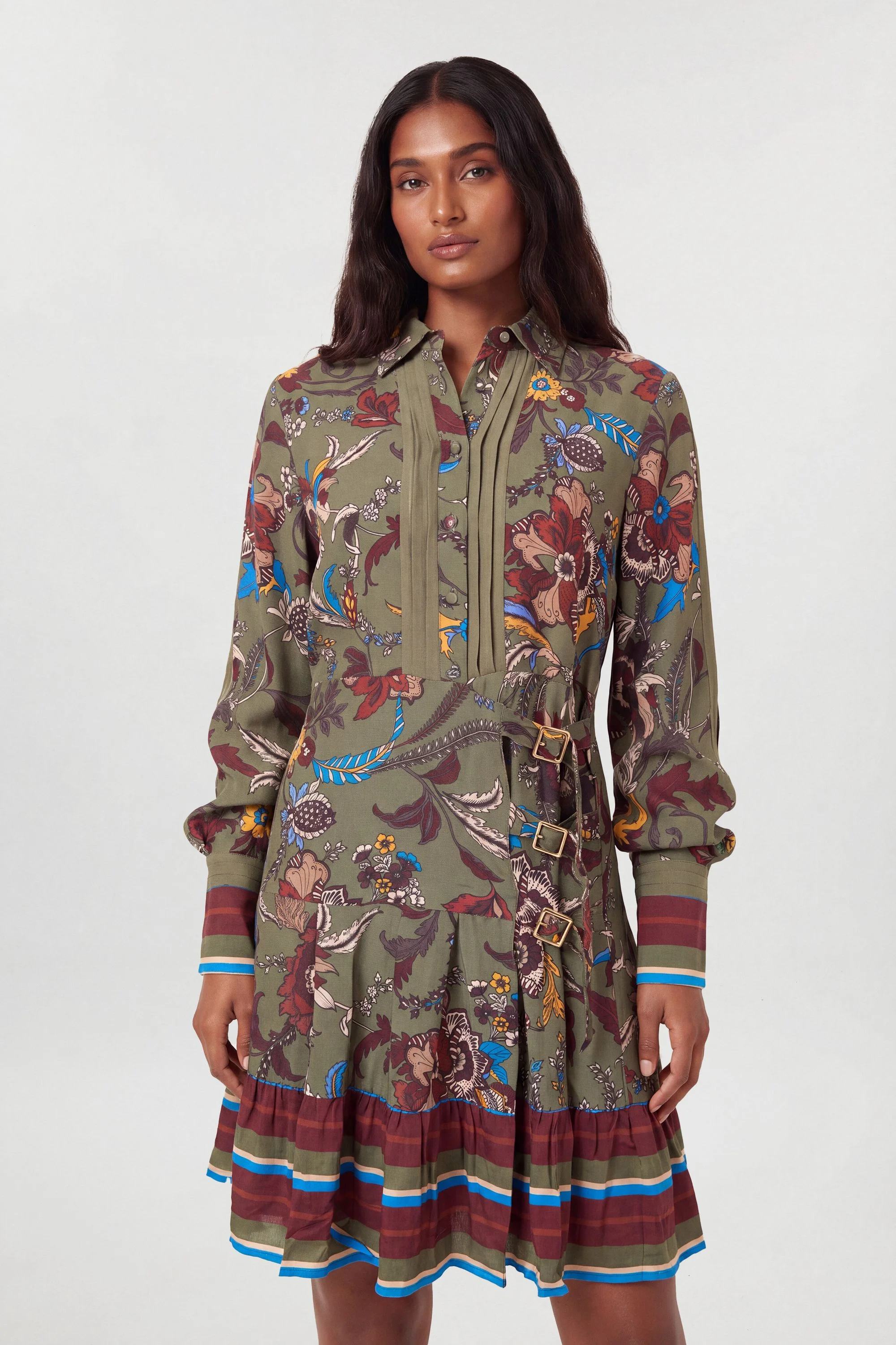 Floral Print Belt Detail Viscose Mini Shirt Dress - 1
