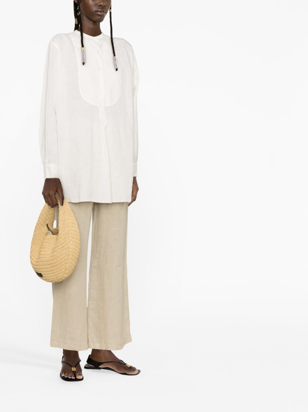 collarless linen bib shirt - 4