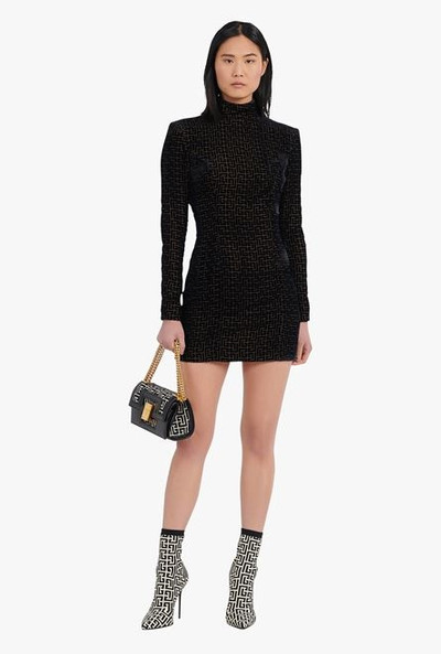 Balmain Short black velvet dress with monogram print outlook