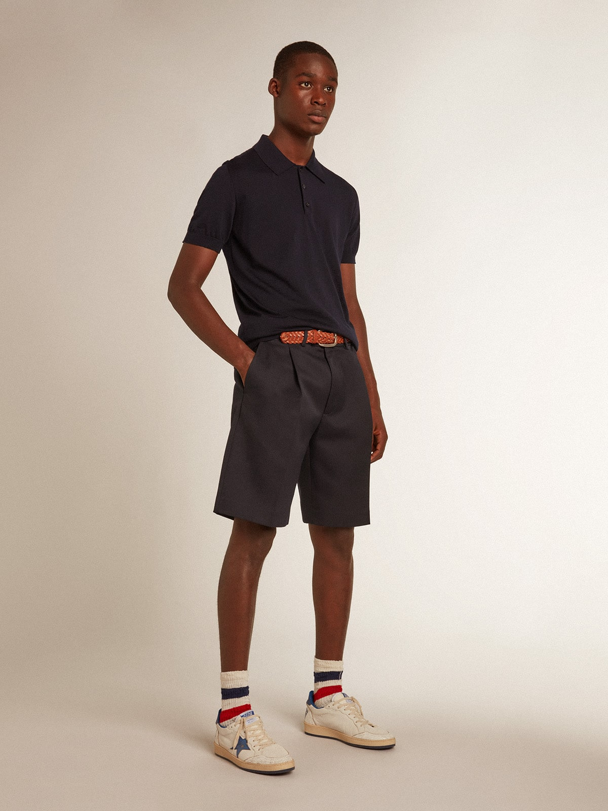 Men’s short-sleeved polo shirt in navy-blue merino wool - 3