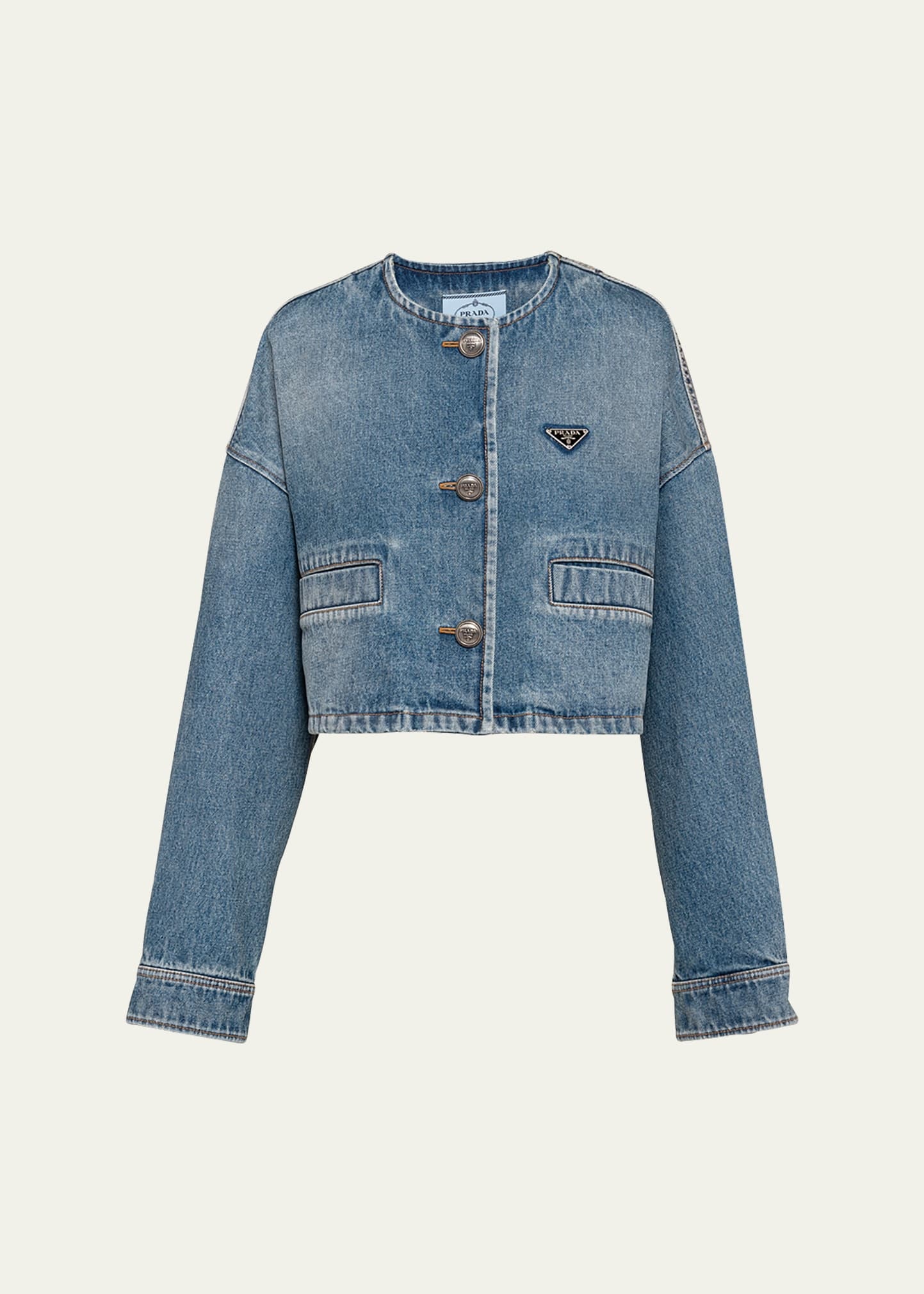 Crop Collarless Denim Jacket - 1