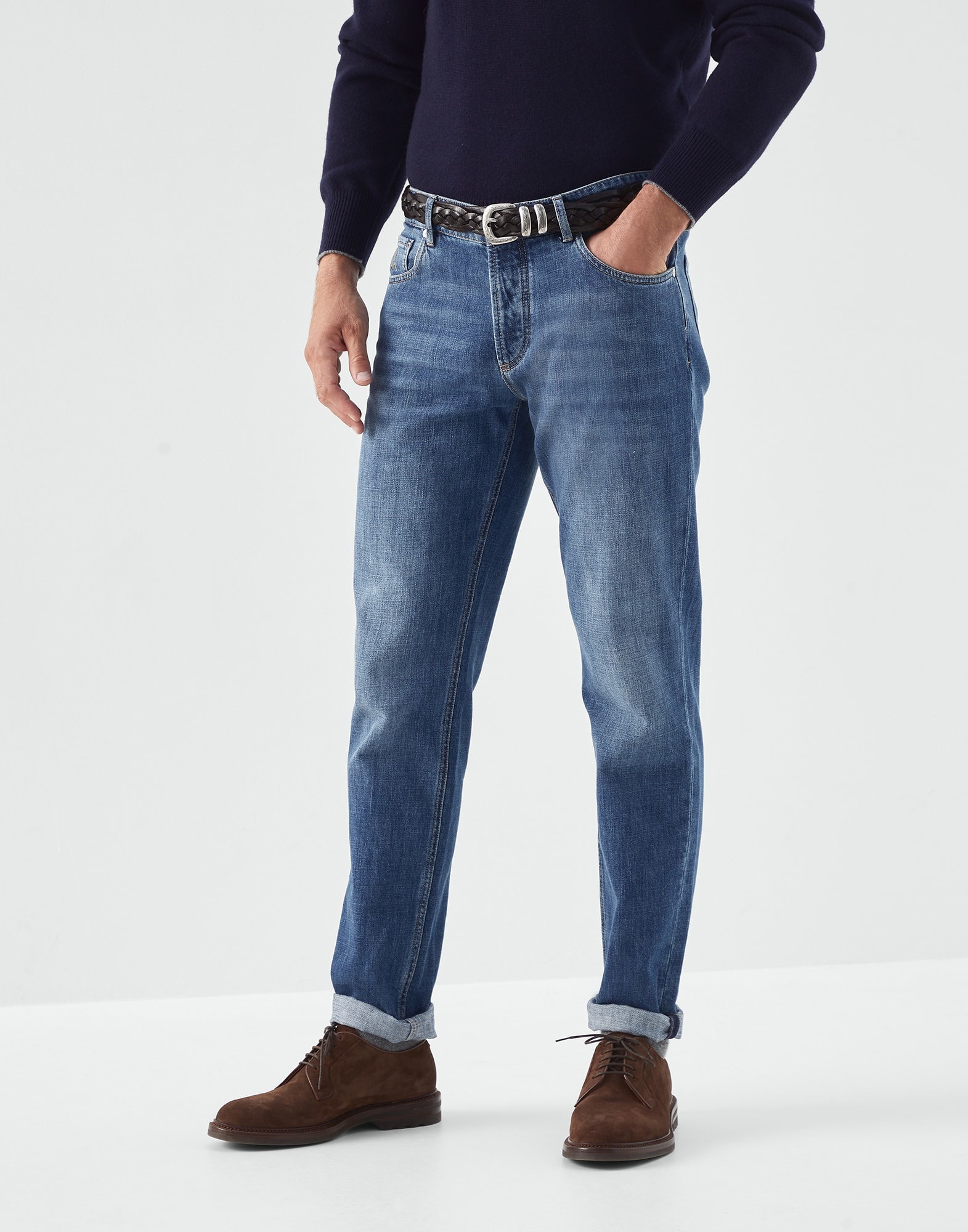 Lightweight denim traditional fit five-pocket trousers - 1